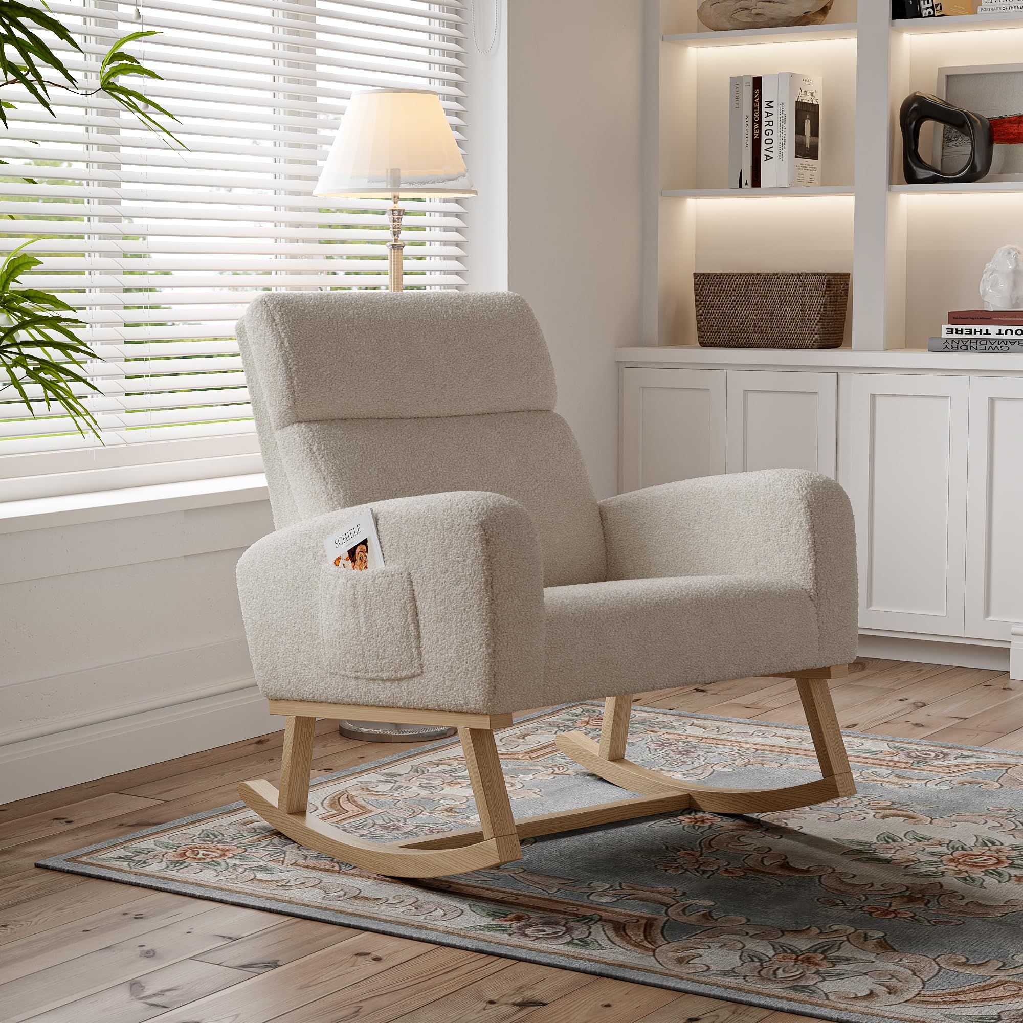 Schaukelsessel, Stillsessel, Schaukelstuhl, aus Stoff mit Wolleffekt, Relaxsessel mit Holzrahmen und Seitentasche, für Wohnzimmer, Schlafzimmer, massiv (beige)