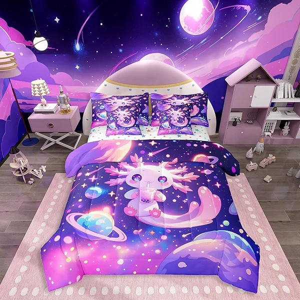 Feelyou Kids Cute Axolotl Comforter Set with Sheets Twin Size, Galaxy Planet Space 7 Pieces Bedding Set Boys Girls Cartoon Animal Bed in A Bag Dreamy Starry Teens Bed Set Bedroom Decor 7Pcs