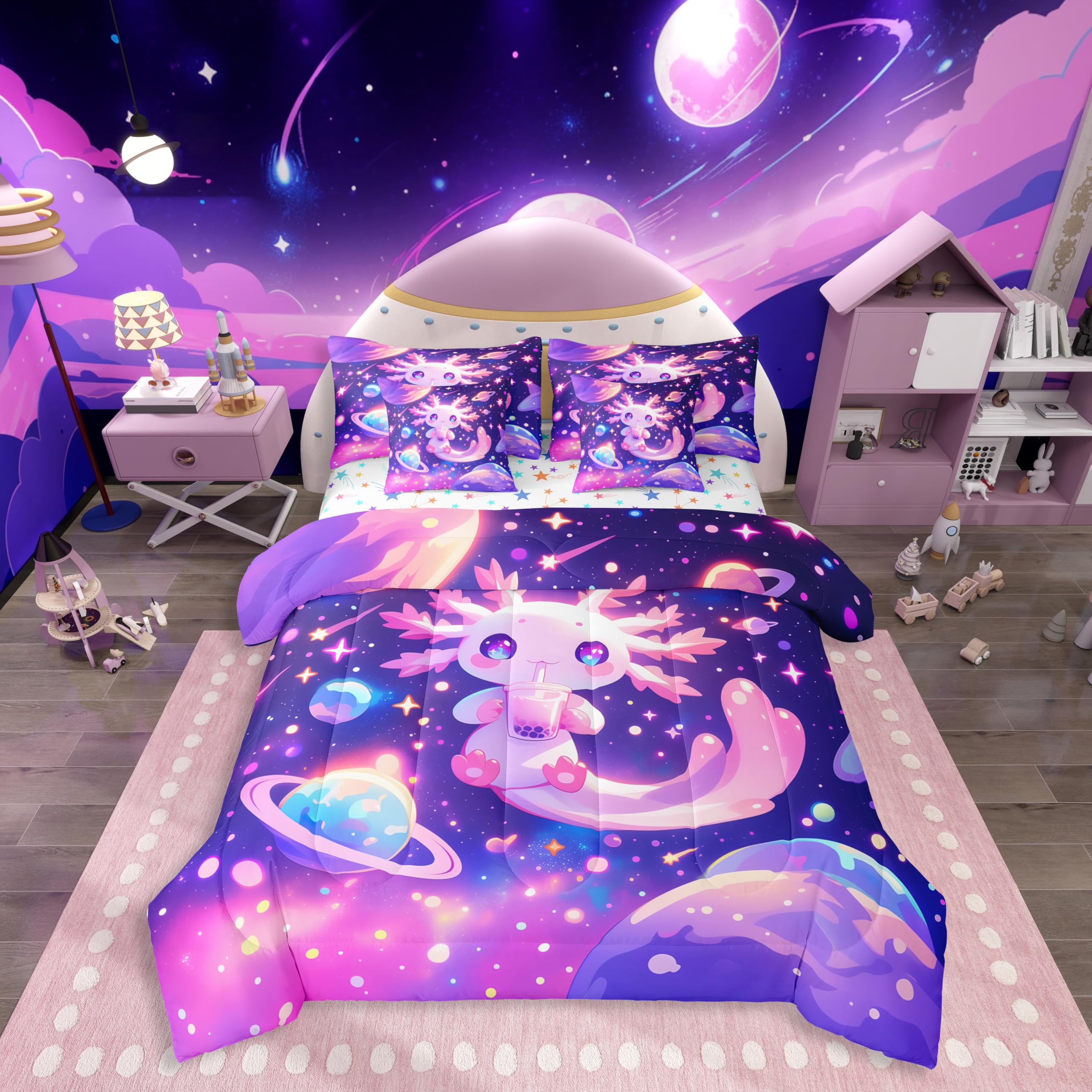 Feelyou Kids Cute Axolotl Comforter Set with Sheets Full Size, Galaxy Planet Space 7 Pieces Bedding Set Boys Girls Cartoon Animal Bed in A Bag Dreamy