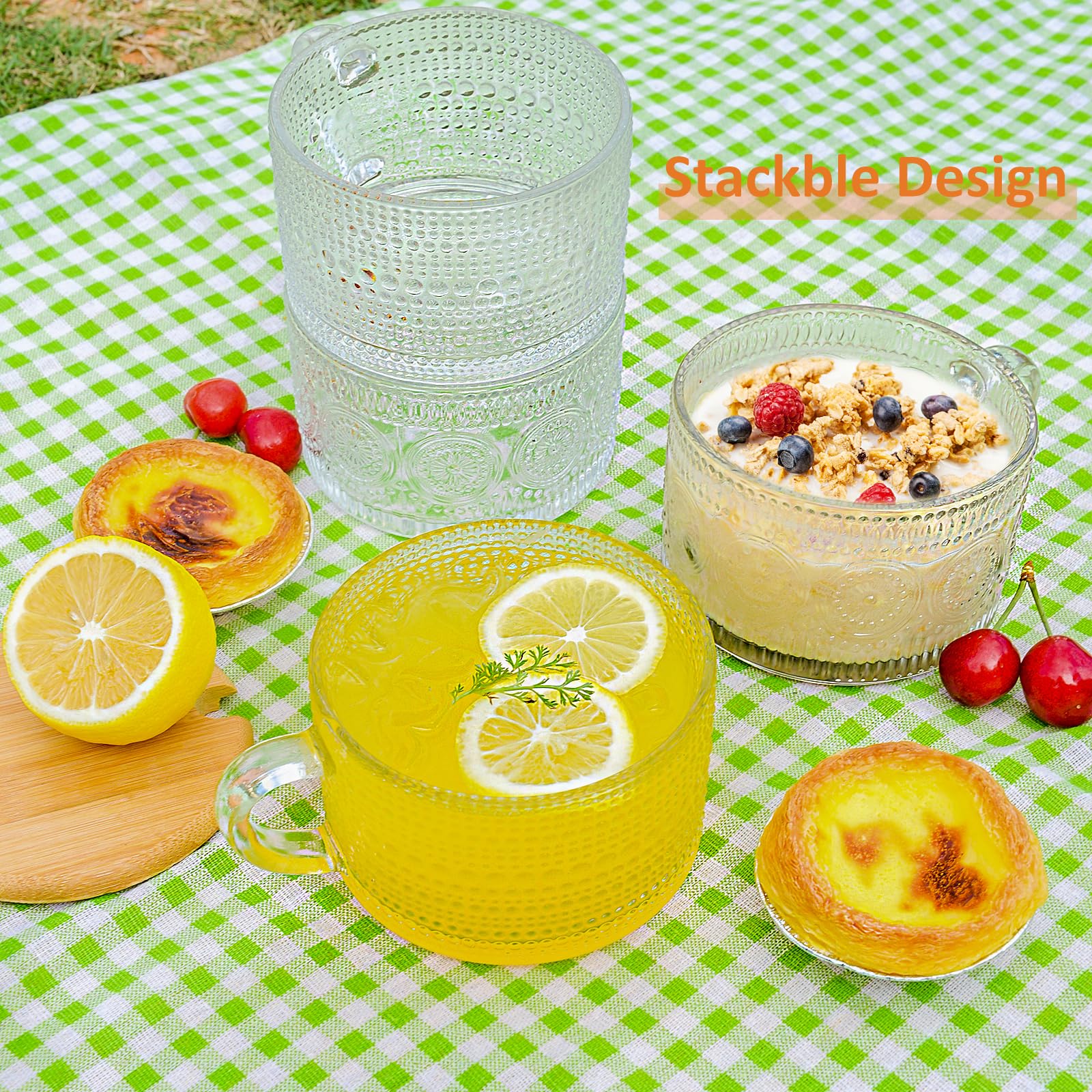 Tazze Da Caffè In Vetro Vintage 400 Ml Con Coperchio E Cucchiaio - Bicchieri Goblet Goffrati A Goccia O Girasole Per Cappuccino, Latte, Avena, Freddo