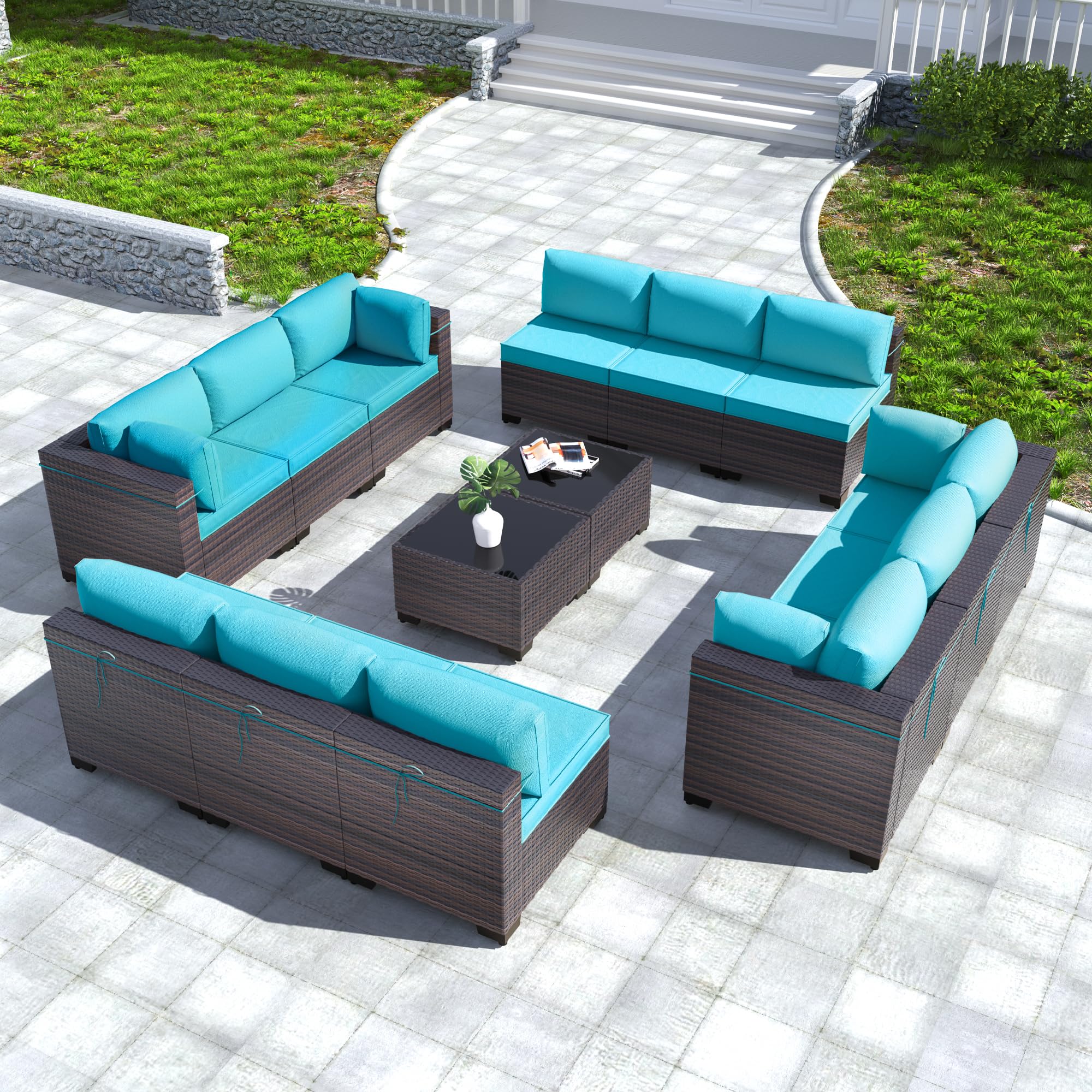 Kullavik 14PCS Outdoor Patio Furniture Set PE Wicker Rattan Sectional Sofa Patio Conversation Sets,Blue