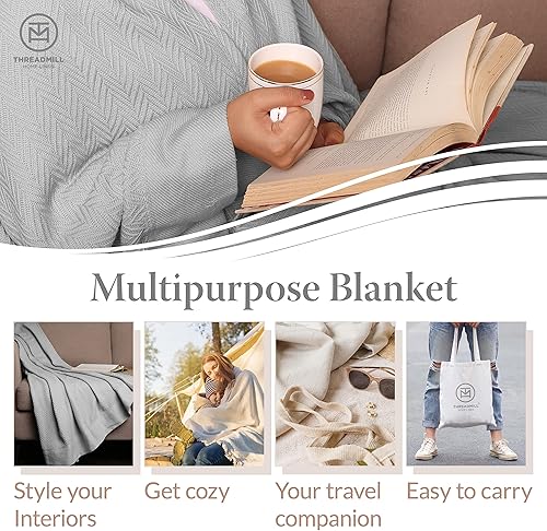 Miniatura 3 de Threadmill Home - Manta de lino de tamaño King, 100% algodón, color blanco, con diseño espiga., Algodón, Plateado, King