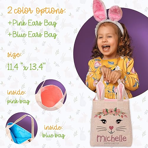 Miniatura 5 de Cesta de Pascua personalizada con nombre para niños y niñas, bolsa de Pascua personalizada con orejas de conejo azules para niños, 9 diseños,