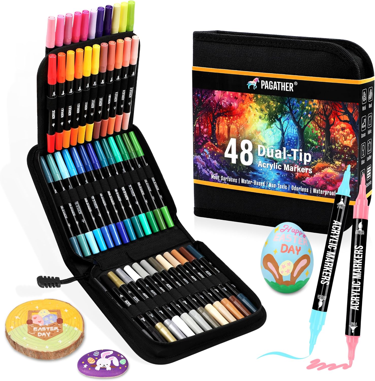 Pagather 48 Colors Acrylic Paint Markers, Dual Tip with Fine Tip and Brush Tip Pens for Stone, Wood, Calligraphy, Canvas, Ceramic, Metal, Glass, Rock Painting, DIY Crafts Art Supplies Kit