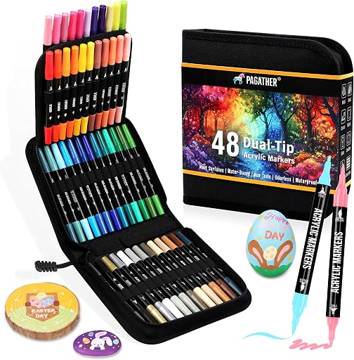 48 Colors Acrylic Paint Markers, Dual Tip with Fine Tip and Brush Tip Pens for Stone, Wood, Calligraphy, Canvas, Ceramic, Metal, Glass, Rock Painting, DIY Crafts Art Supplies Kit