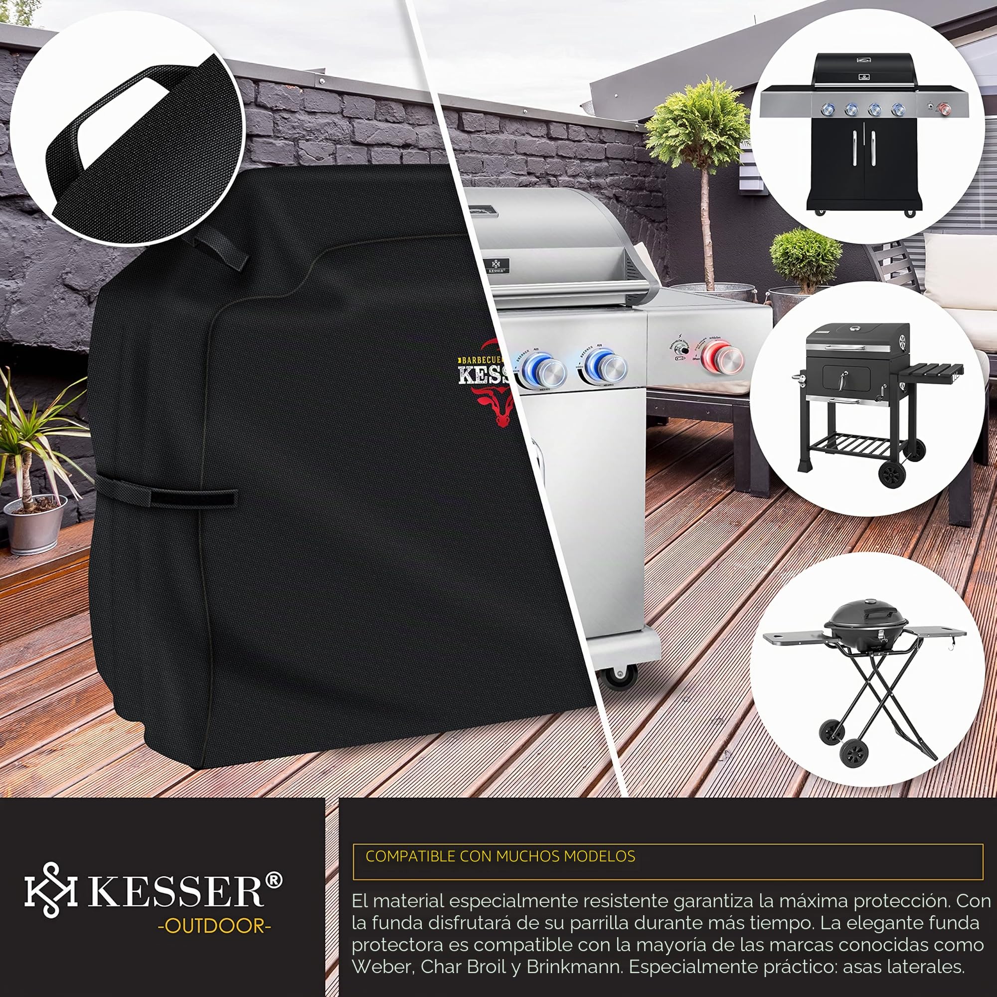 KESSER® Funda para Barbacoa Resistente a la Intemperie |Grill Cubierta para Weber, Brinkmann Char Broil Parilla | Tejido Oxford 600D | 147 x 61 x 122 cm, Negro