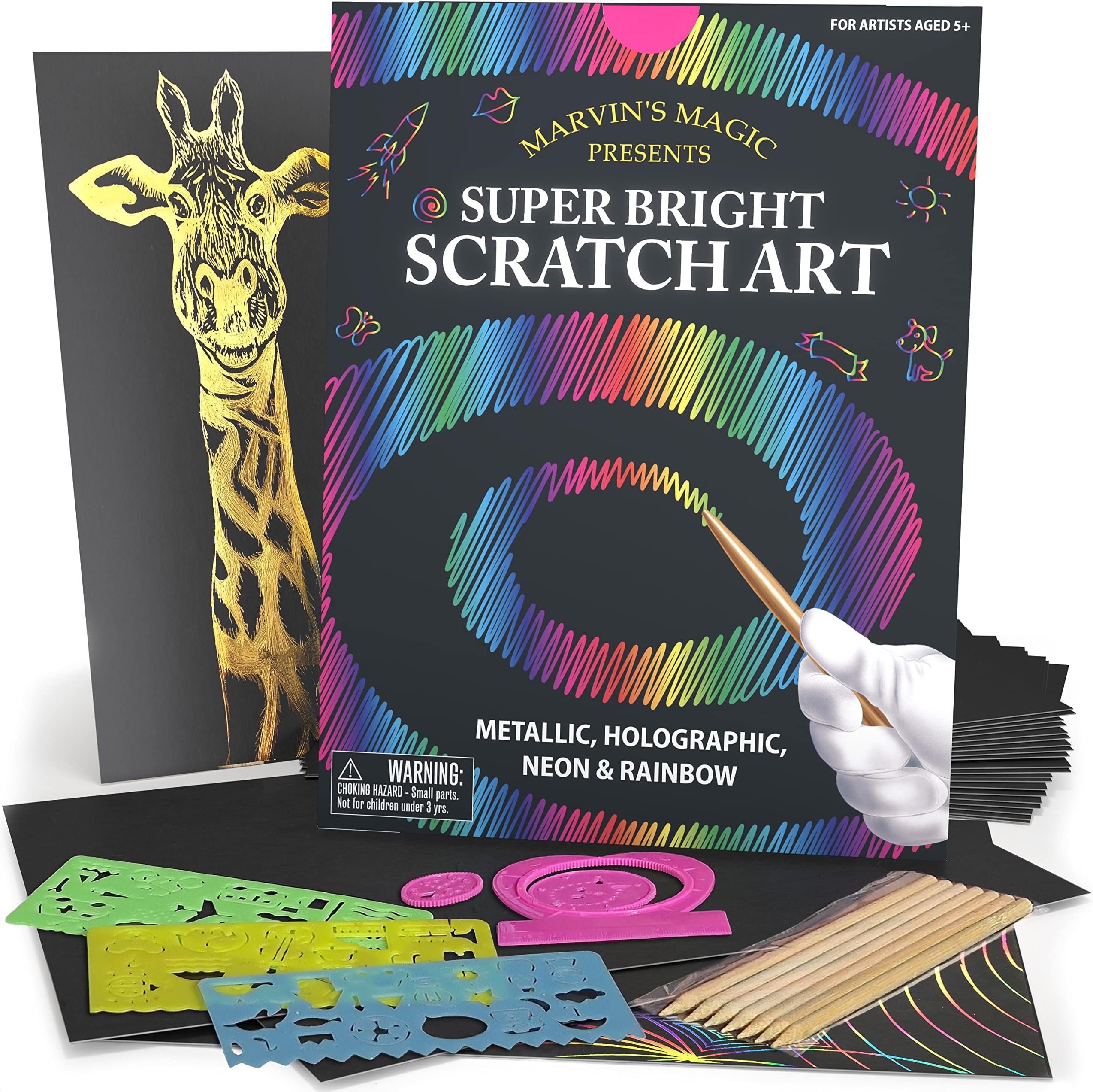 Marvin's Magic - Super Bright Scratch Art - x48 Premium Magic Scratch Boards - with Black Paper & Rainbow Paper - Scratch Art for Kids