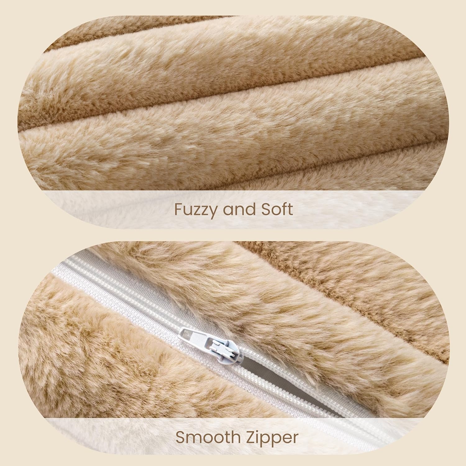 AELS Faux Fur Striped Cylinder Pillows Set of 2, 8" x 24" Decorative Modern Bolster Pillows with Removable Washable Cover & Insert, Body Pillow for Couch Bed, Living Room Bedroom Nursery Decor, Sand