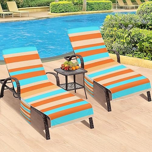 Miniatura 3 de Funda de toalla para silla de salón, fundas para tumbona (paquete de 2), toallas para silla de salón a rayas con bolsillo superior ajustable para