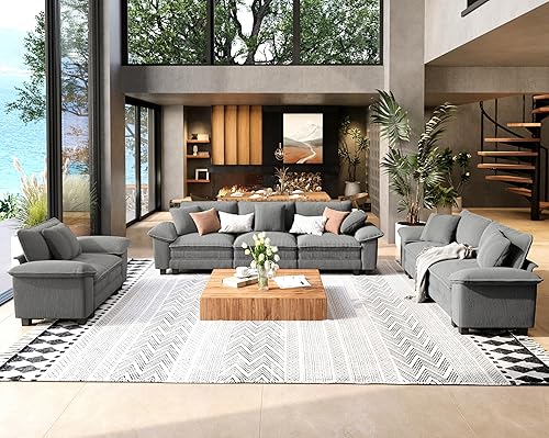 Miniatura 33 de Juego de sofá y sofá cama, asiento modular de chenilla extragrande y sofá de 3 plazas con almohadas, juego de muebles de sofá seccional moderno de