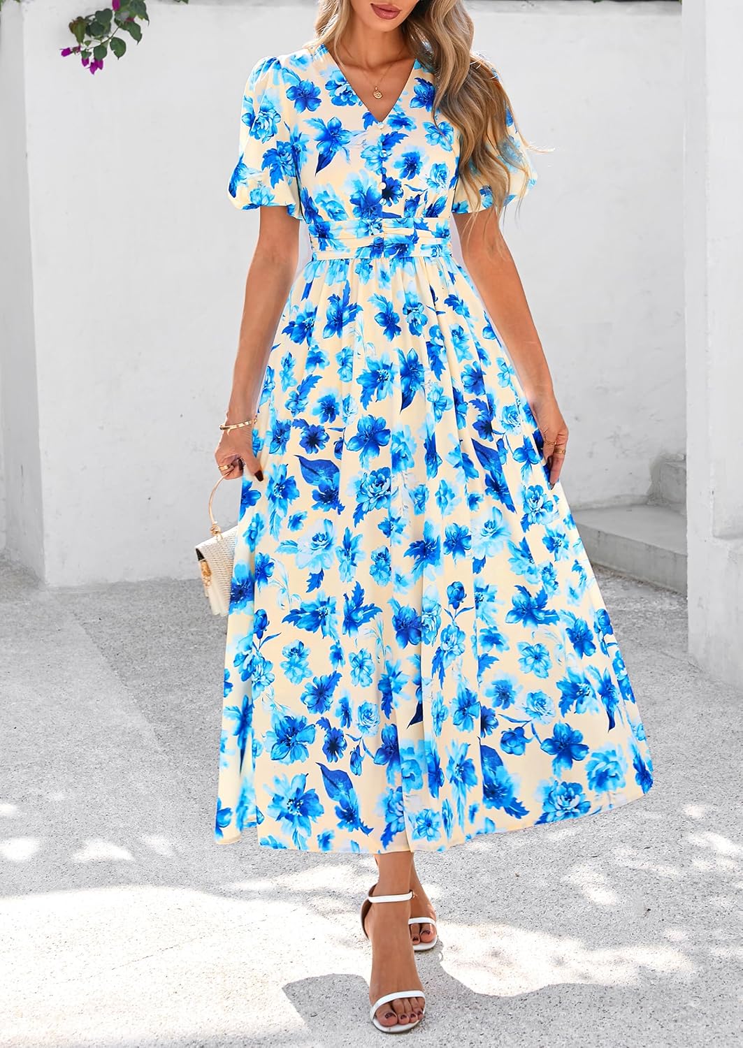 PRETTYGARDEN Womes Boho Maxi Dresses 2026 Summer Spring V Neck Puff Sleeve Empire Waist A Line Flowy Long Beach Floral Dress - Image 3