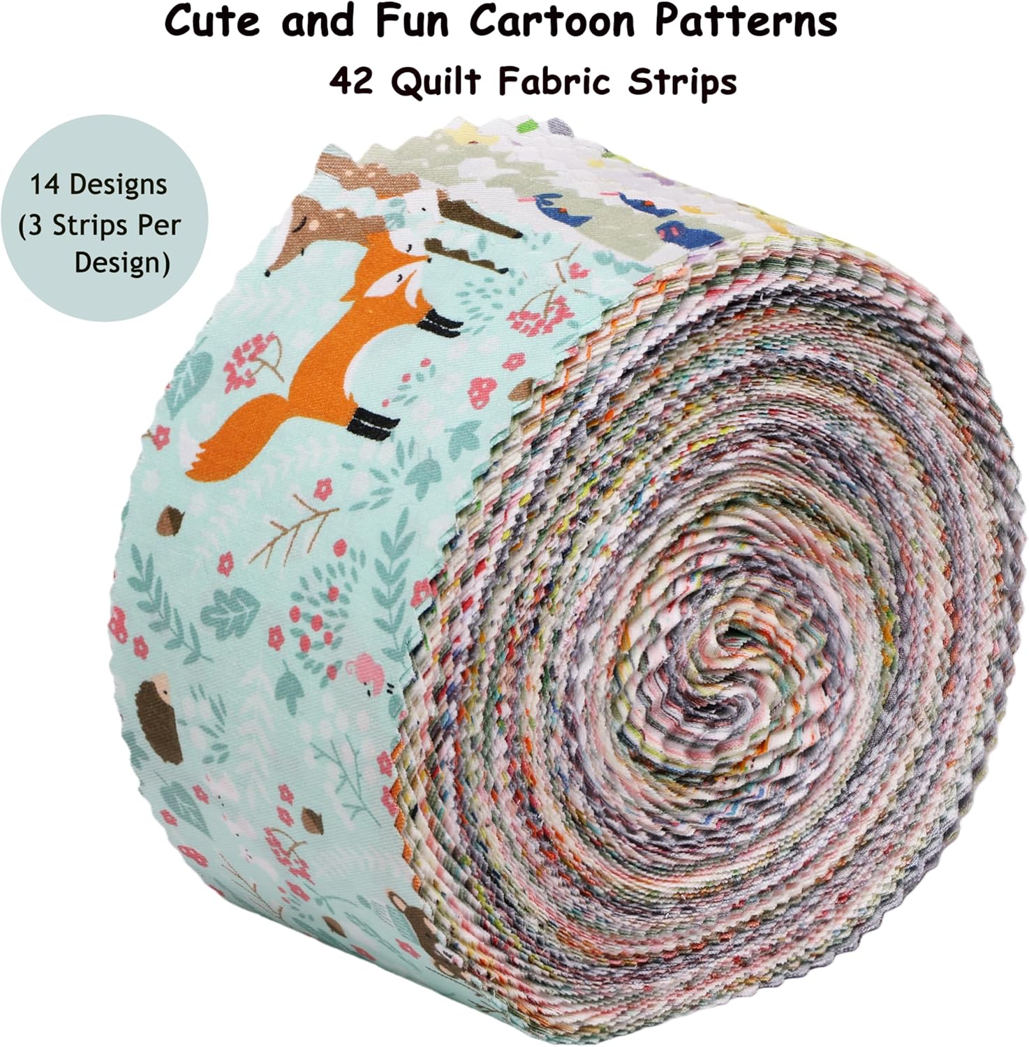 Jelly Rolls Fabric Strips for Quilting, Crafting, and Sewing, 42 Strip Jelly Roll Fabric Clearance, Cartoon Animal Print Cotton Material for Blanket, Rug, Upholstery, Home Decor, and Crafts