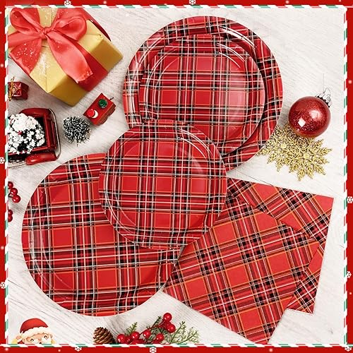 Miniatura 4 de Homlouue 200 platos y servilletas de papel a cuadros de búfalo, platos a cuadros rojos y negros desechables para 50 invitados, platos de guinga para