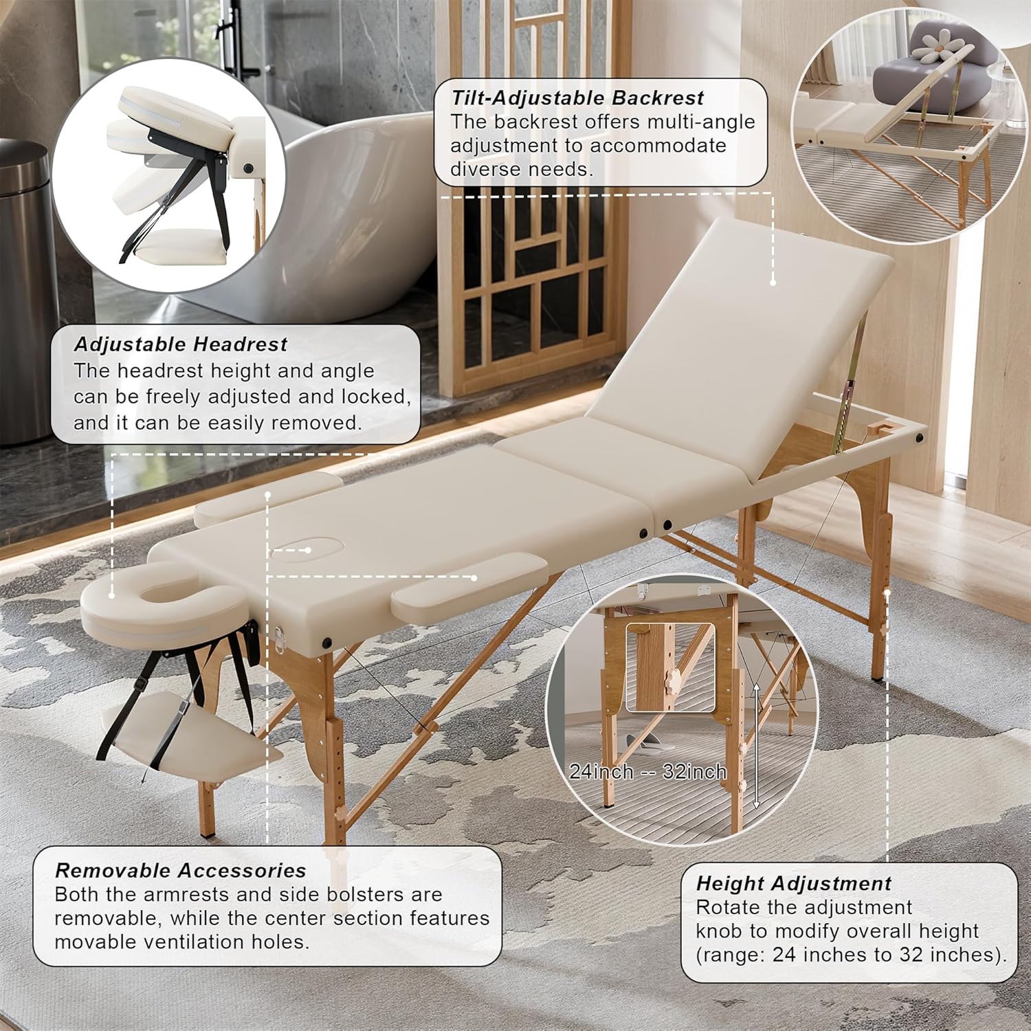 Lovinouse Portable Massage Table with Adjustable Headrest, Modern Massage Folding Table White, 3 Folding Lash Bed Adjustable Height, Portable Folded Bed with Non-Woven Bag for Tattoo, Spa,Chiropractic