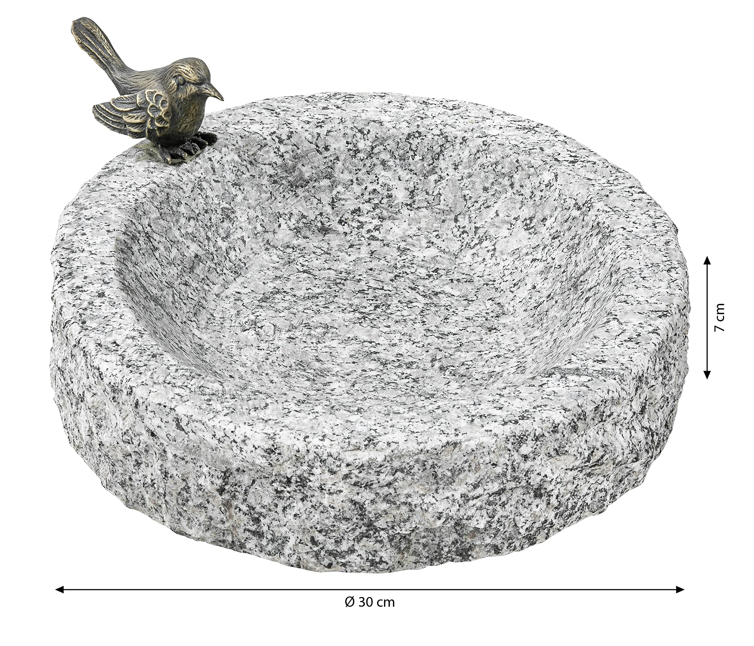 Dehner Vogeltränke rund, mit Bronze-Vogel, frostbeständig, Ø 30 cm, Höhe 7 cm, Granit, grau