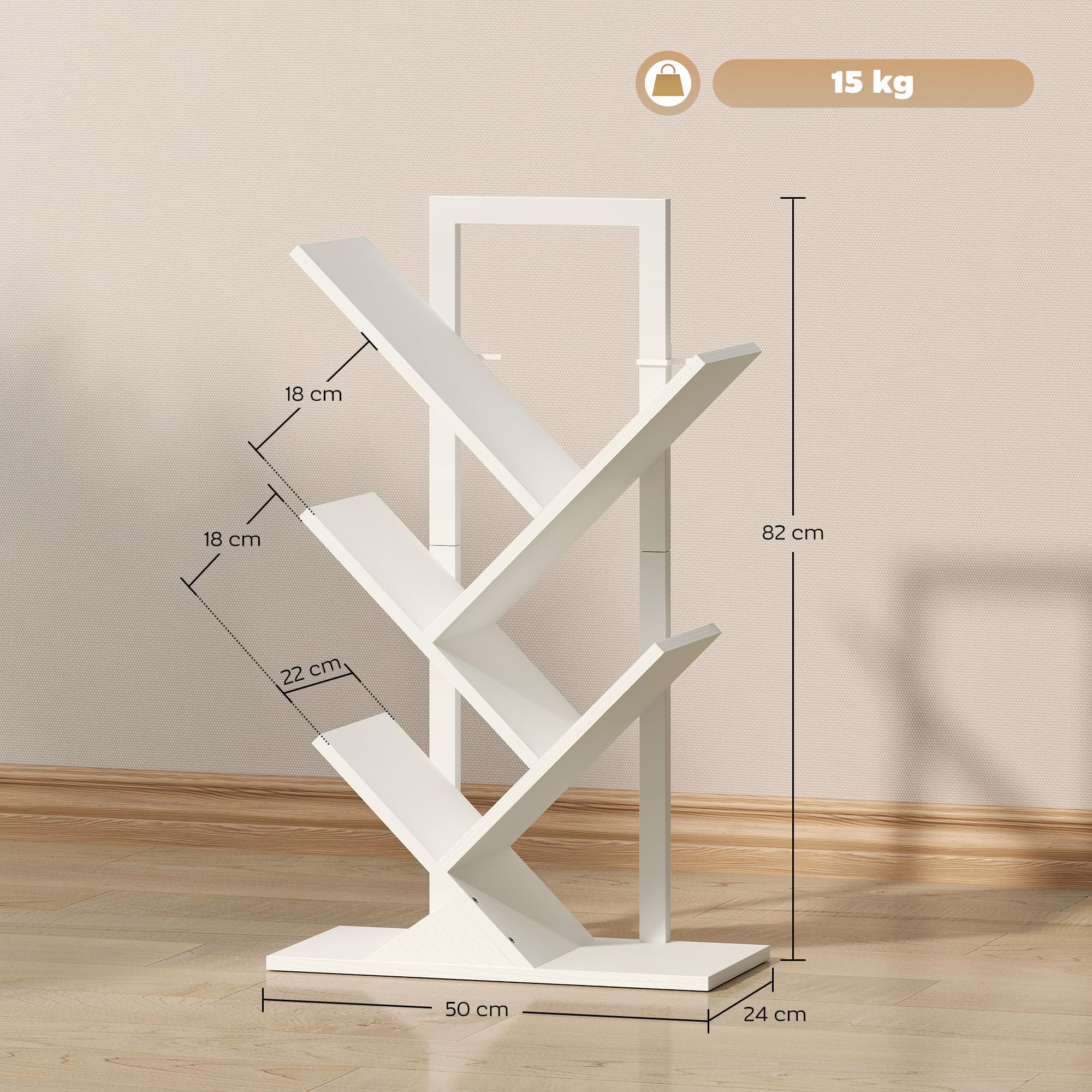 HOMCOM Librería en Forma de Árbol de 5 Niveles, Estantería de Libros con 5 Estantes, Estructura de Acero, para CD, DVD, Álbumes, Sala de Estar, Oficina, Estudio, Dormitorio, 50x24x82 cm, Blanco
