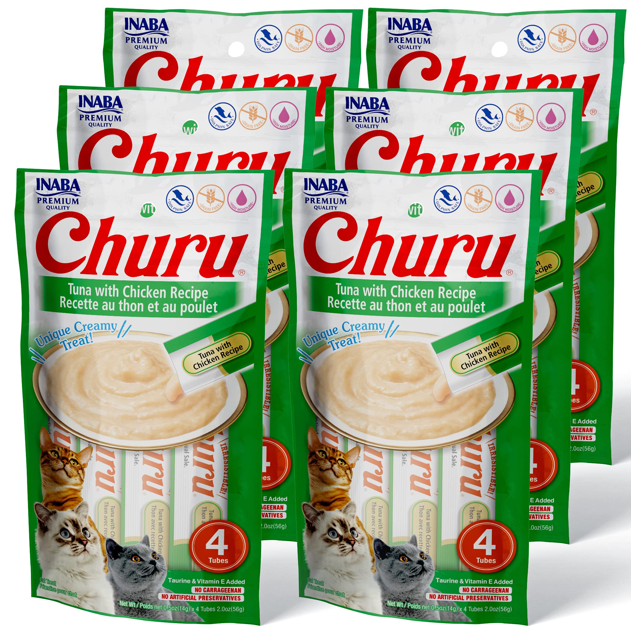 INABA Churu Cat Treats, Grain-Free, Lickable, Squeezable Creamy Purée Cat Treat/Topper with Vitamin E & Taurine, 0.5 Ounces Each Tube, 24 Tubes (4 per Pack), Tuna with Chicken Recipe