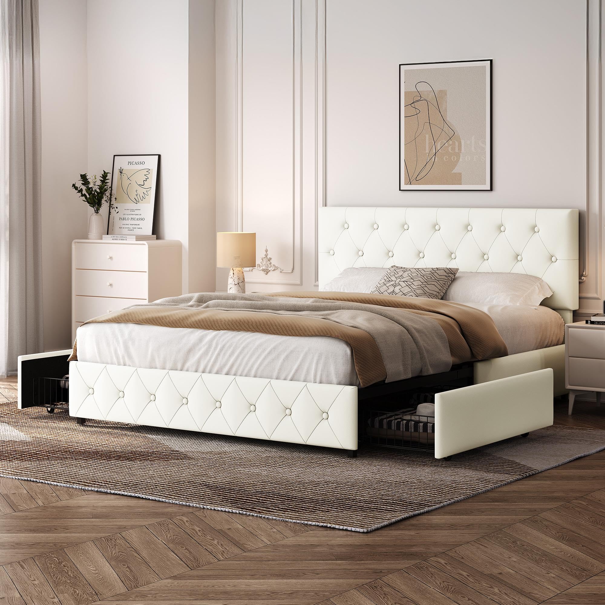 Yaheetech 5ft King Bed Frame, Diamond Tuft Headboard, 2 Drawers, Cream