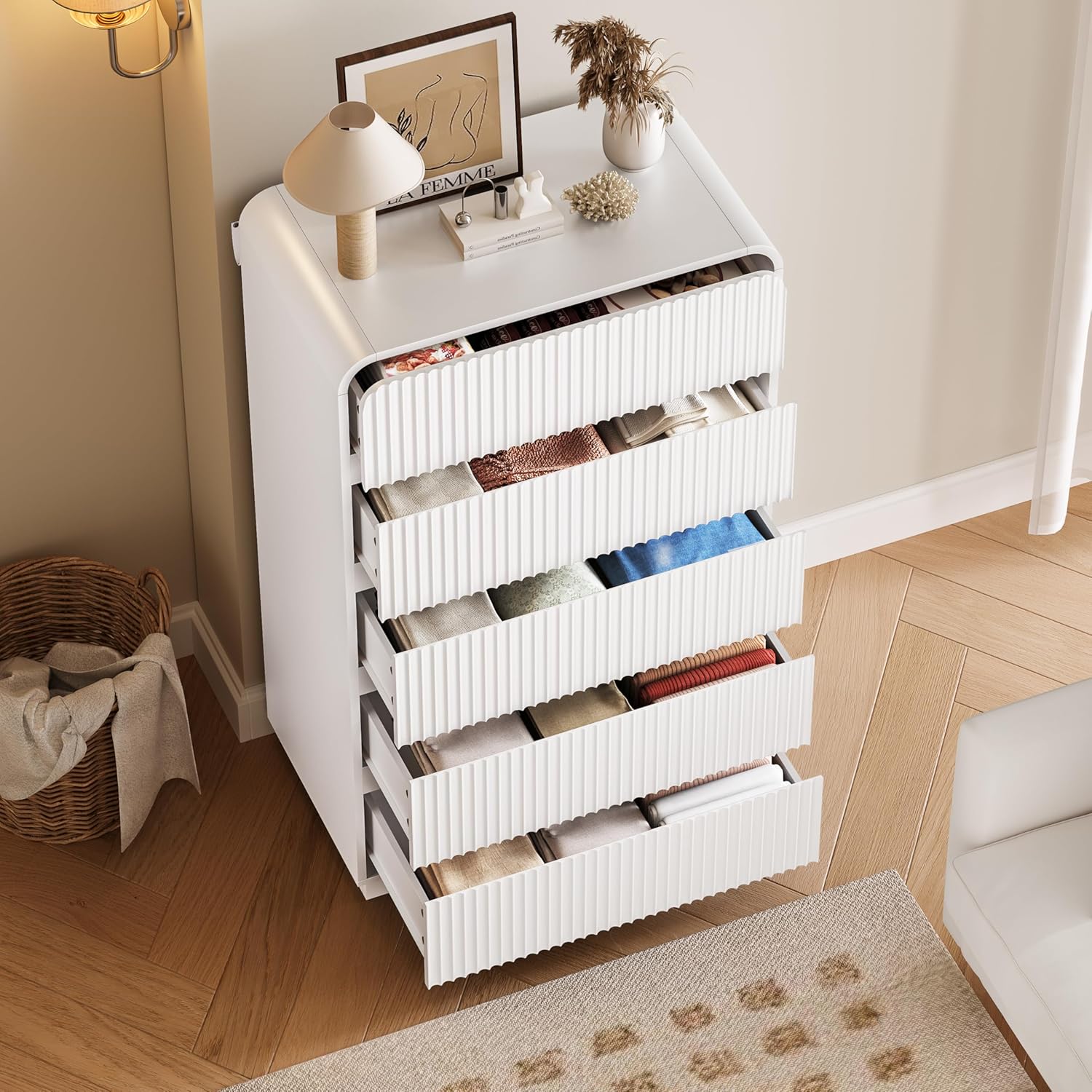 BORNOON Tall 5-Drawer Dresser with drawers open, showing storage capacity