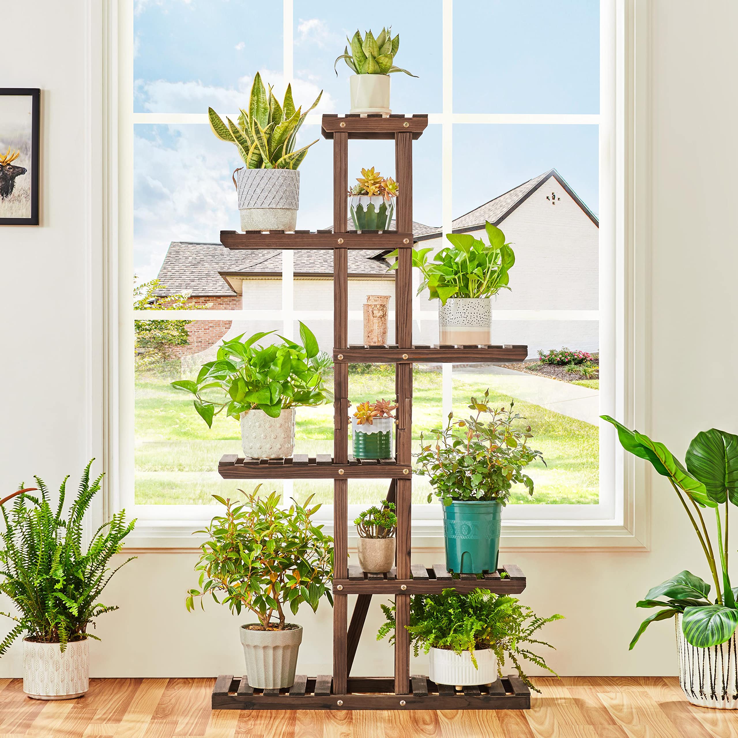 Yaheetech Support de fleurs à 6 niveaux, étagère à fleurs en bois massif, étagère à plantes, banc à fleurs pour balcon / terrasse / jardin 75 x 26 x 140 cm