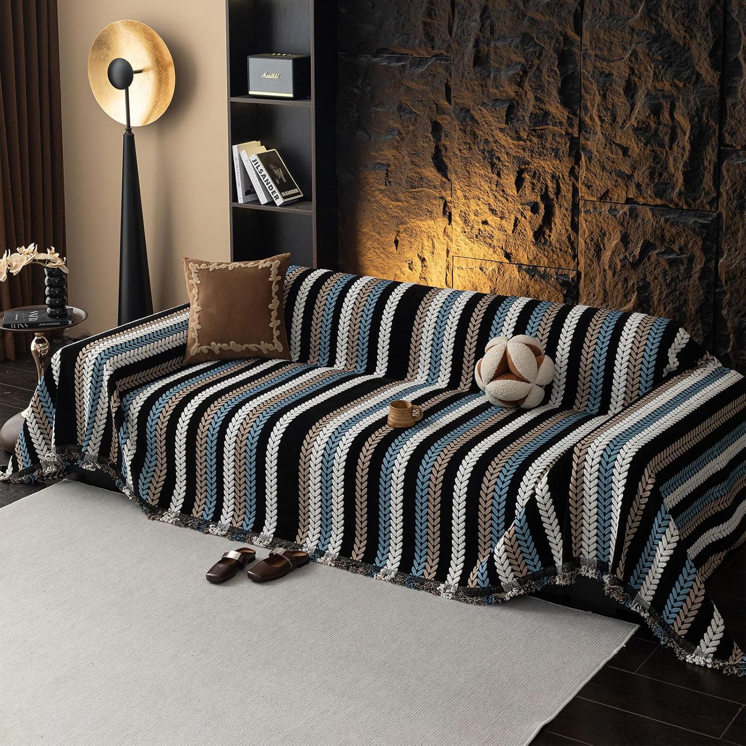 STACYPIK Textured Jacquard Wheatear Sofa Covers, Boho Black Geometry Couch Cover for 3 Cushion Couch, Non-Slip Thick Loveseat Cover for Sectional, Washable Soft Pet Couch Protector Slipcover-71x134IN