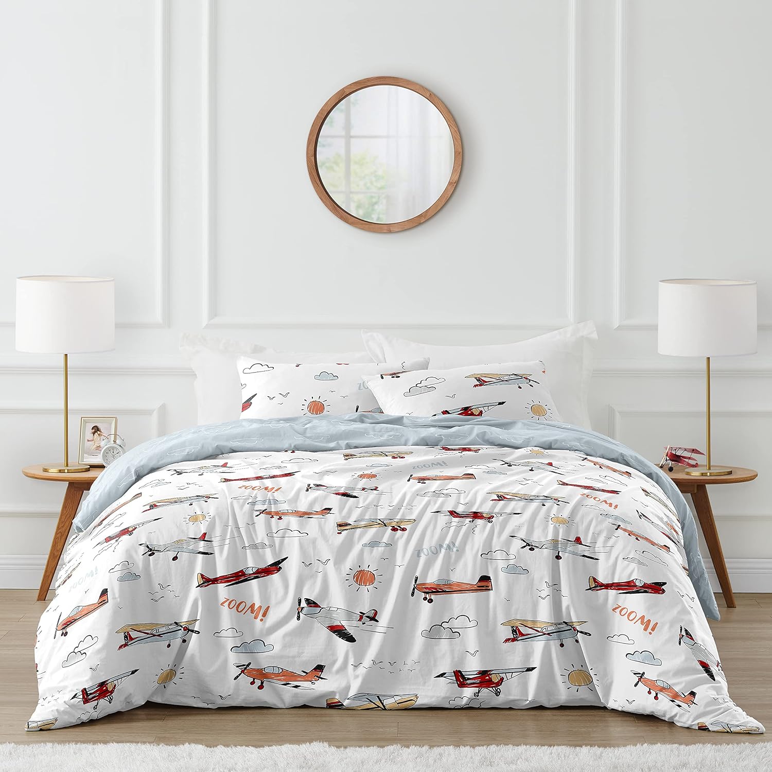 Sweet Jojo Designs Vintage Airplane Boy Full Queen Bedding Set Kids Comforter Childrens Size - 3 Pieces - Grey Yellow Orange Red White Blue Airplanes Air Plane Transportation Clouds Sun Sky Aviator