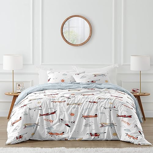 Sweet Jojo Designs Juego de ropa de cama vintage para niño, tamaño Queen para niños, 3 piezas, gris, amarillo, naranja, rojo, blanco, azul, aviones,