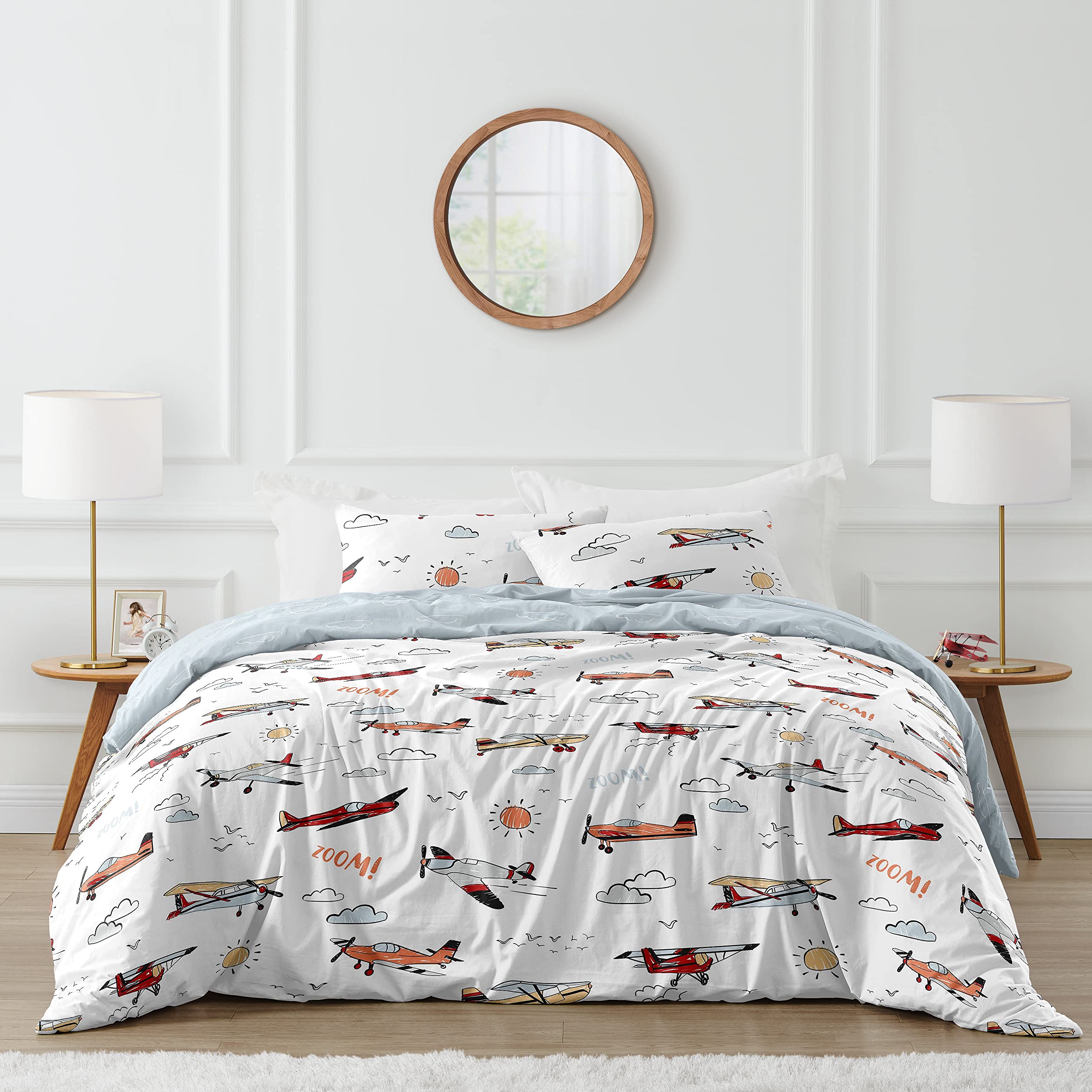 Sweet Jojo Designs Vintage Airplane Boy Full Queen Bedding Set Kids Comforter Childrens Size - 3 Pieces - Grey Yellow Orange Red White Blue Airplanes Air Plane Transportation Clouds Sun Sky Aviator