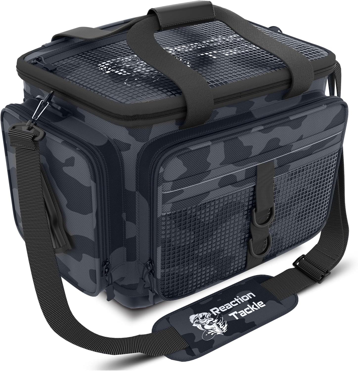 Reaction Tackle Fishing Tackle Bag - Water Resistant Camo Tackle Bag with Padded Shoulder Strap, D Ring Hanger, Suitable for 3600 Storage Boxes, Compression Molded Waterproof Non-Slip Bottom