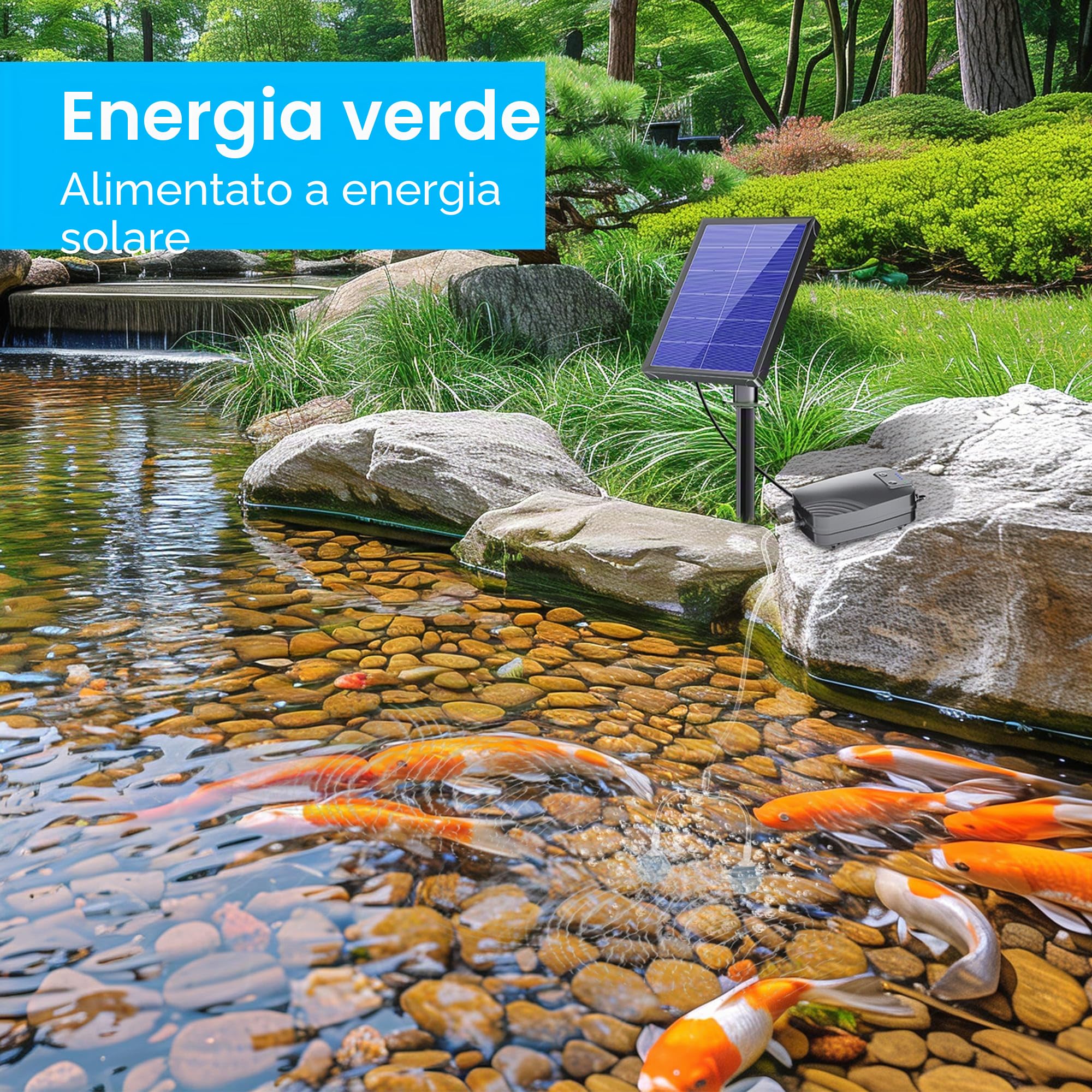 Biling Aeratore per Stagno, Pompa di Ossigeno per Stagno Solare, 4W, per Acquario, Pompa di Ossigeno con ack, Pompa ad Ossigeno, Stagno, 3 modalità, 2 Pietre per laghetto da Giardino, Pesca