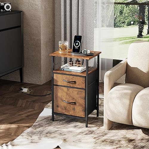 Miniatura 2 de WLIVE Juego de 2 mesitas de noche con estación de carga, mesa auxiliar con 2 cajones de tela para almacenamiento, tocador de dormitorio pequeño,