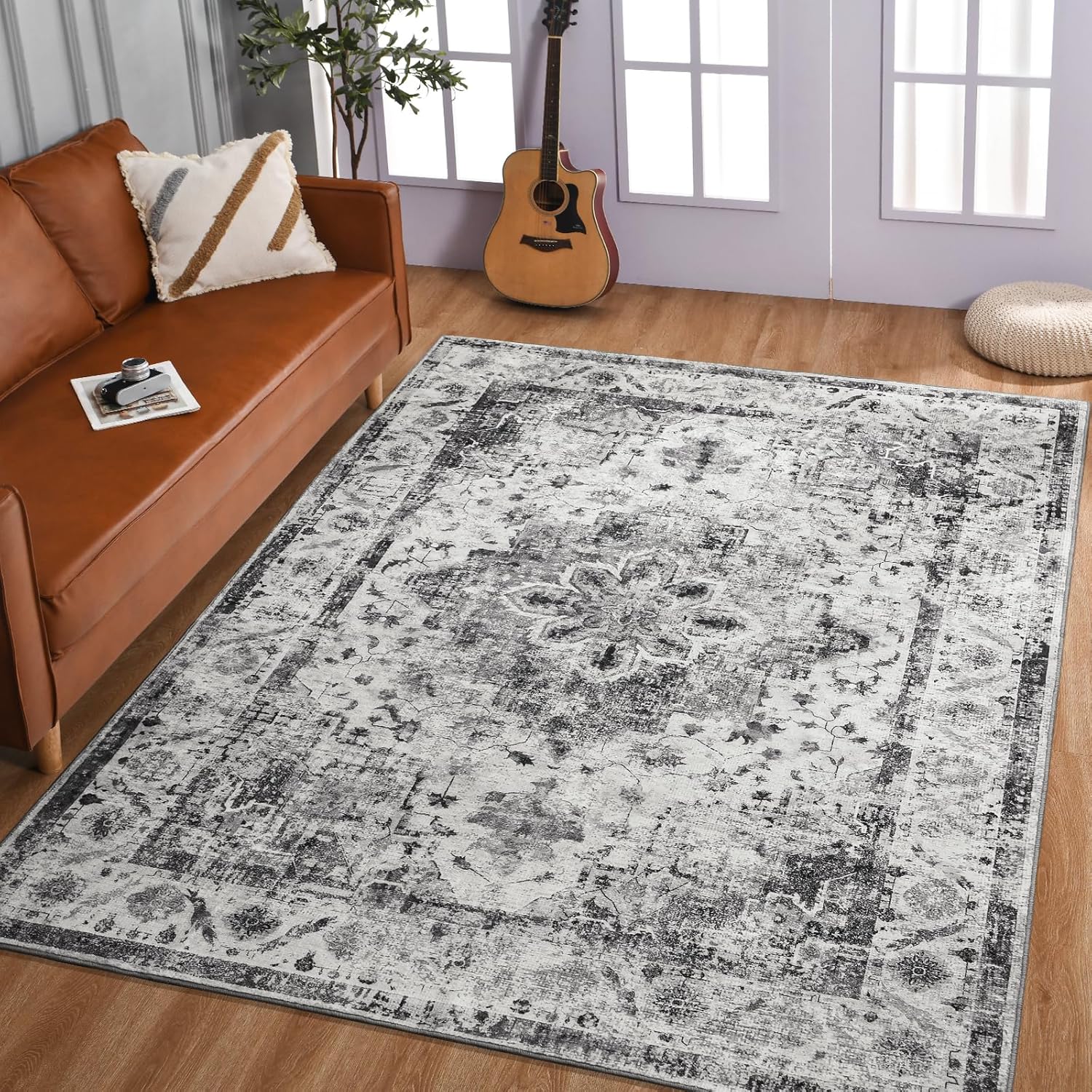 YOH Boho Washable Rug 8x10, Light Gray Vintage Non Slip Area Rug, Distressed Indoor Carpet for Living Room Bedroom Kitchen Office