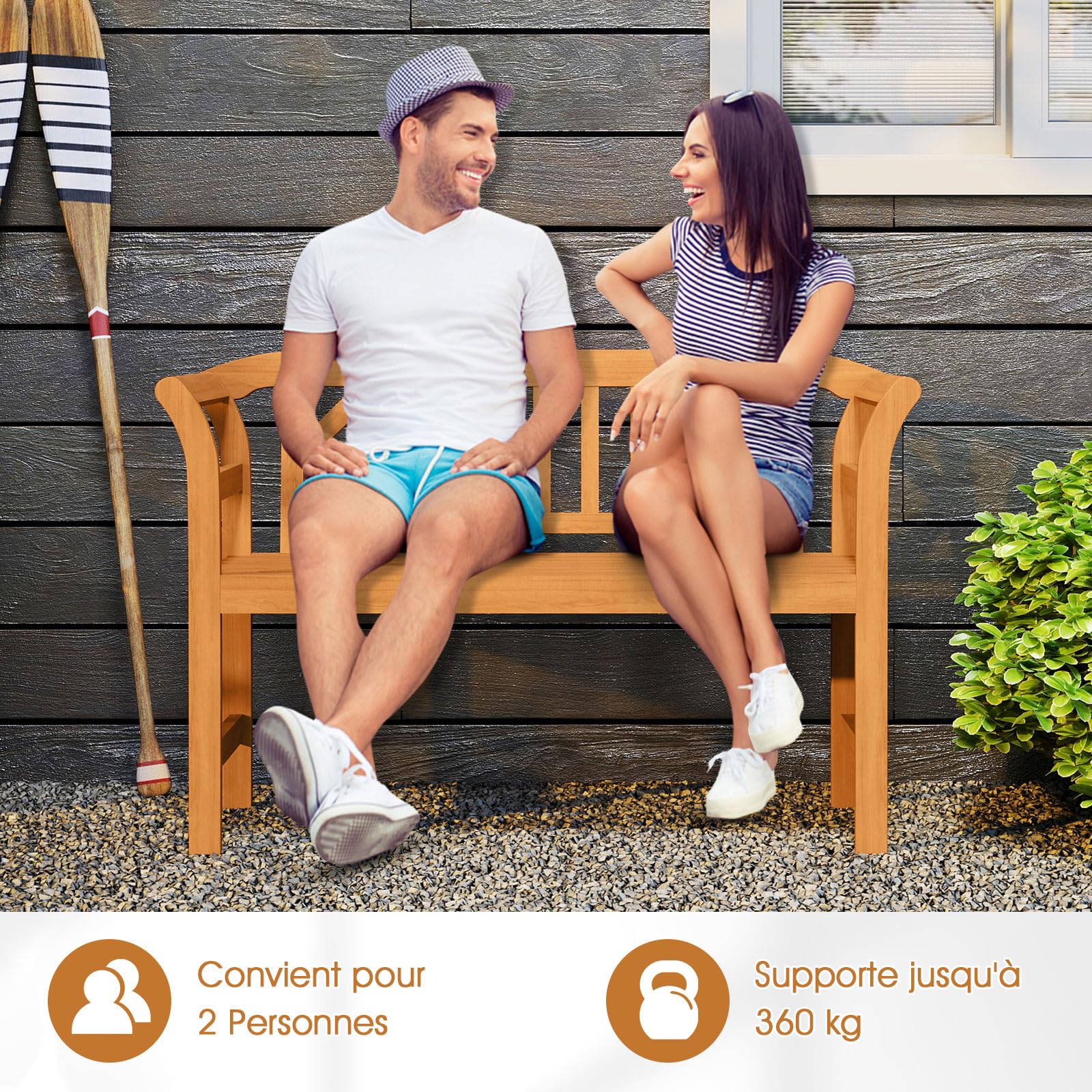 COSTWAY Banc de Jardin en Bois d'Acacia, Banc Exterieur Jardin à 2 Places, Dossier à Motif Géométrique, Accoudoirs, Banquette pour Balcon Porche Piscine, Charge 360 kg, 118 × 50 × 78,5 cm (Style 2)