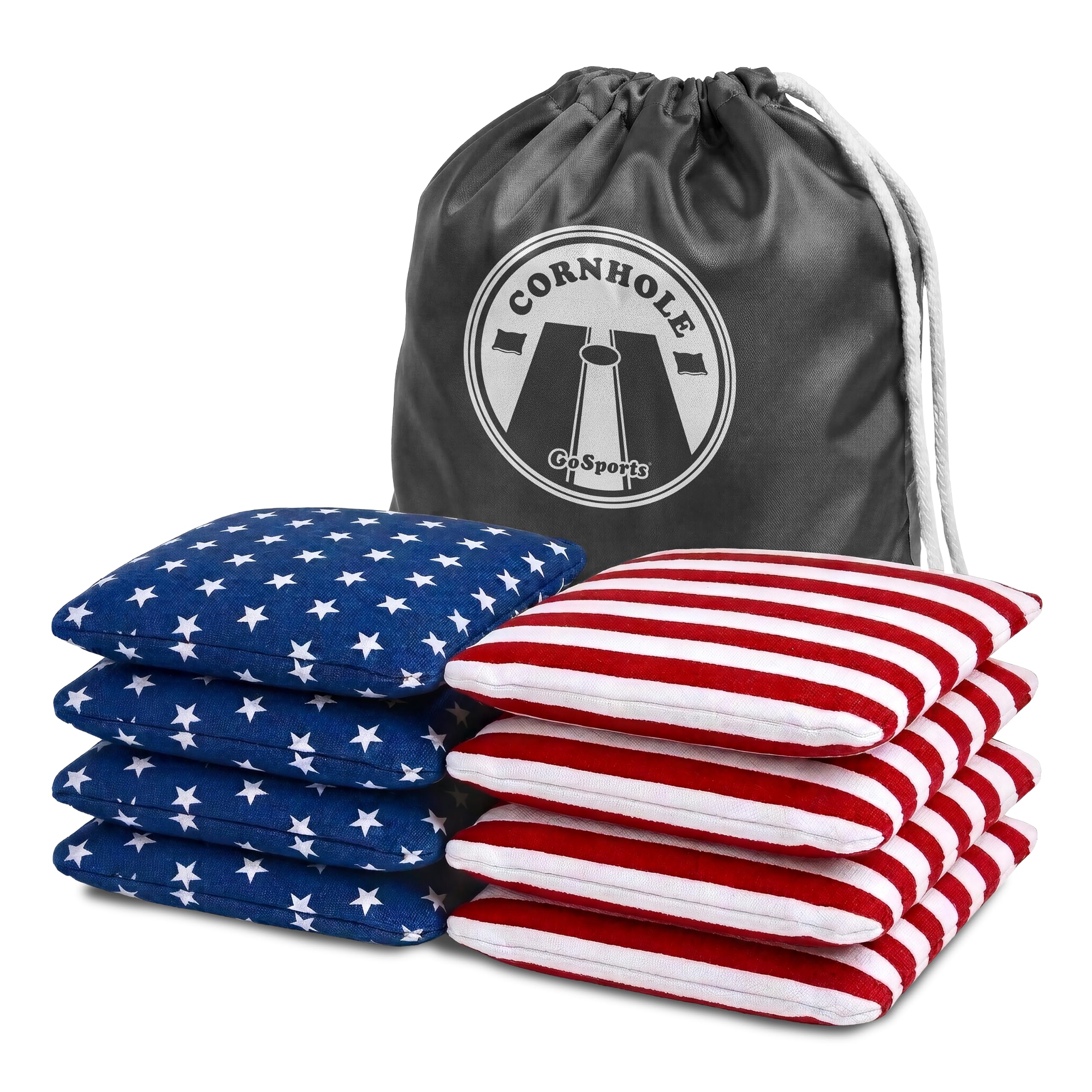 GoSports Official Regulation Cornhole Bean Bags Set of 8 – for Fun Casual Cornhole Games - All Weather - American Stars and Stripes or Red and Blue