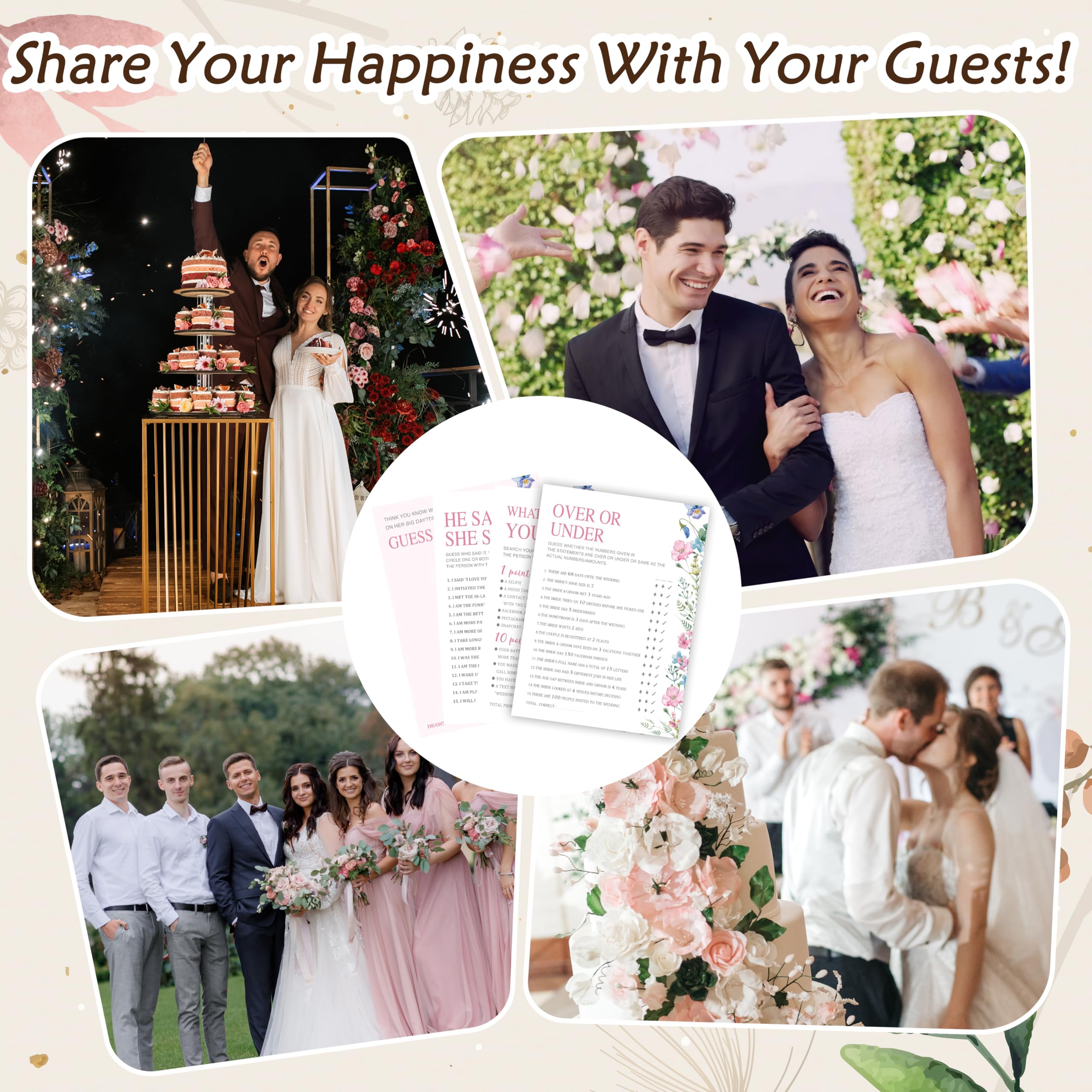 Juego de juegos de despedida de soltera, paquete de 50, tarjetas de juegos florales para bodas, 4 diseños de juegos, decoración de fiesta de recién casados, suministros de juegos de fiesta de