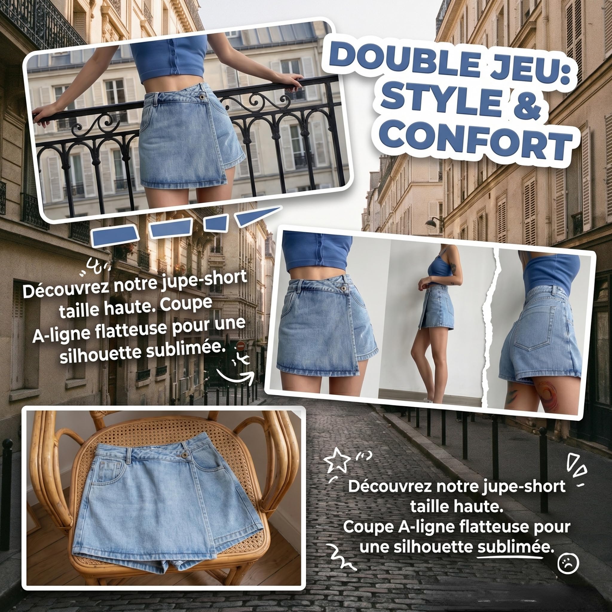 Generisch Short Jean Femme Taille Haute Ample Jupe-Culotte Style Jupe Effet Superposé Short en Jean Évasé Décontracté Mode Été Plage Vacances Ville Quotidien Confortable Tendance, Bleu, 4XL