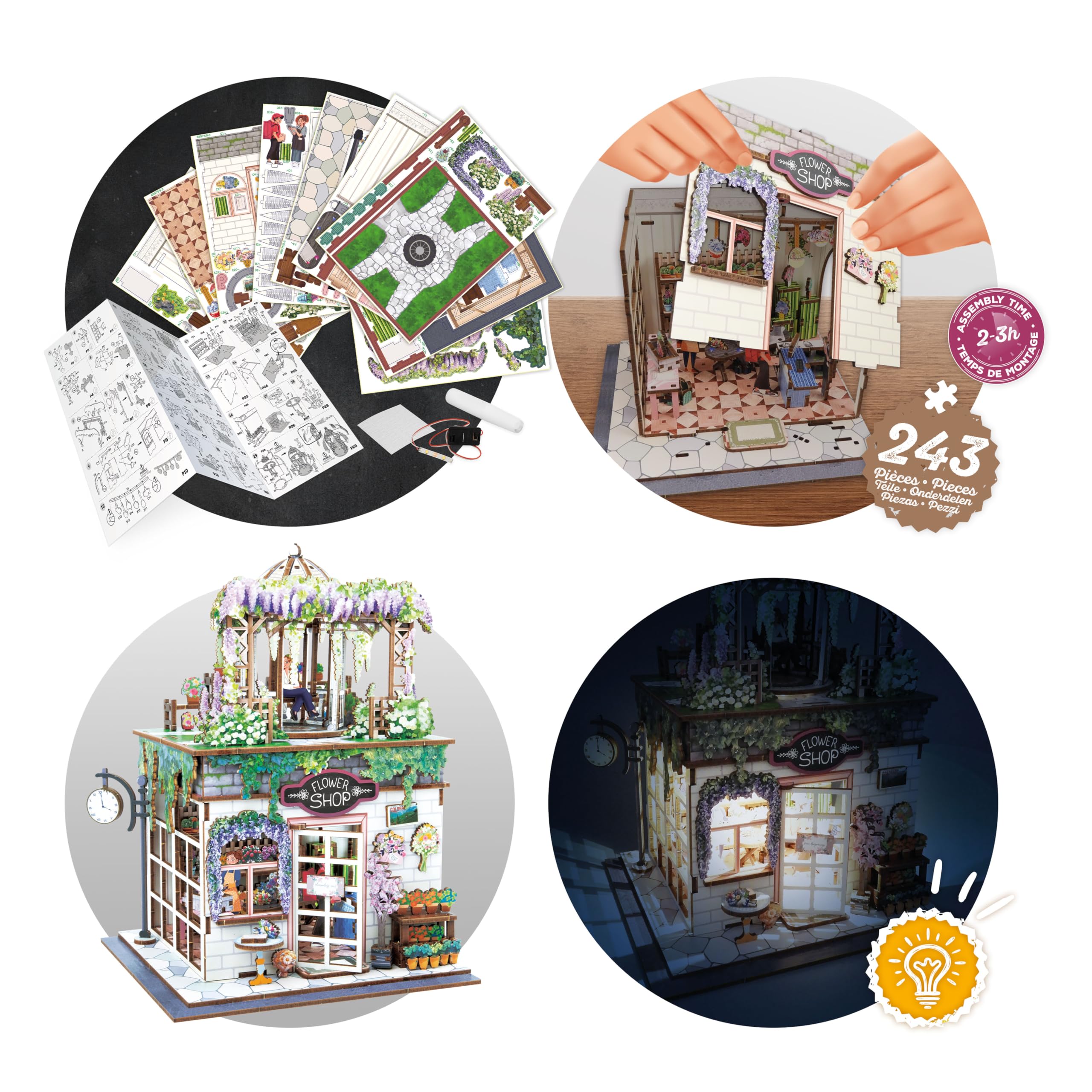 Diorama Fiorista - Modellino fioraio in miniatura in legno con LED - Diorama DIY 243 pezzi - Kit costruzione negozio di fiori - dai 10 anni - 14 x 17,1 x 21,8 cm - 68075 - BUKI France