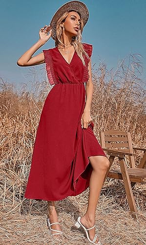 Miniatura 2 de Roll Up Vestido largo de color liso sin mangas plisado con volantes y ribete de mariposa para mujer, estilo bohemio, amarillo, rojo, negro