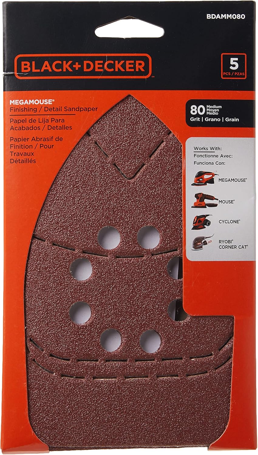 BLACK+DECKER BDAMM080 80G Mega Mouse Sandpaper, 5-Pack