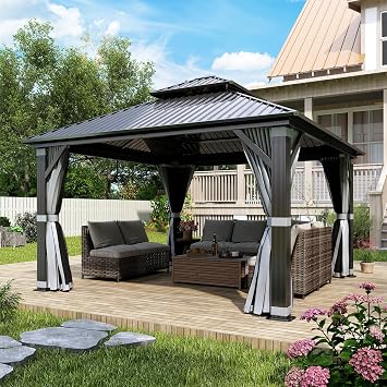 12x12 Hardtop Gazebo, Galvanized Steel Double Roof Gazebo with Nettings and Curtain Outdoor Aluminum Frame Vertical Stripes Roof Permanent for Patio, Backyard, Lawn