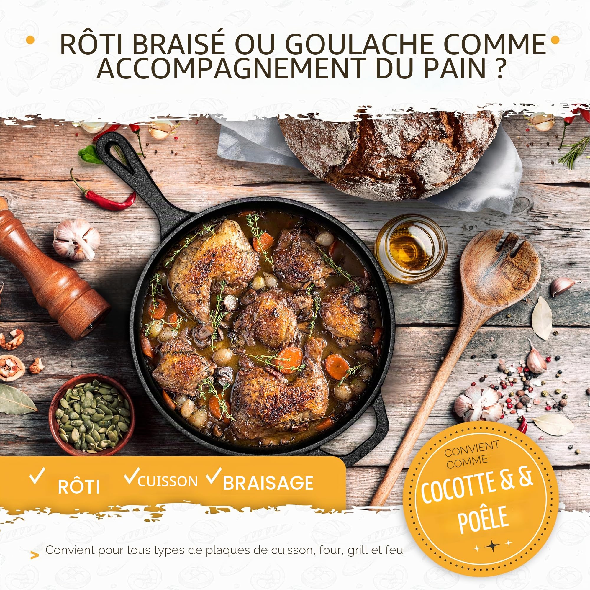 KRUSTENZAUBER Casserole à Pain en Fonte 26 cm avec Panier de Fermentation - Pot Robuste pour Cuisson - Moule Idéal avec Couvercle, Poêle et Accessoires