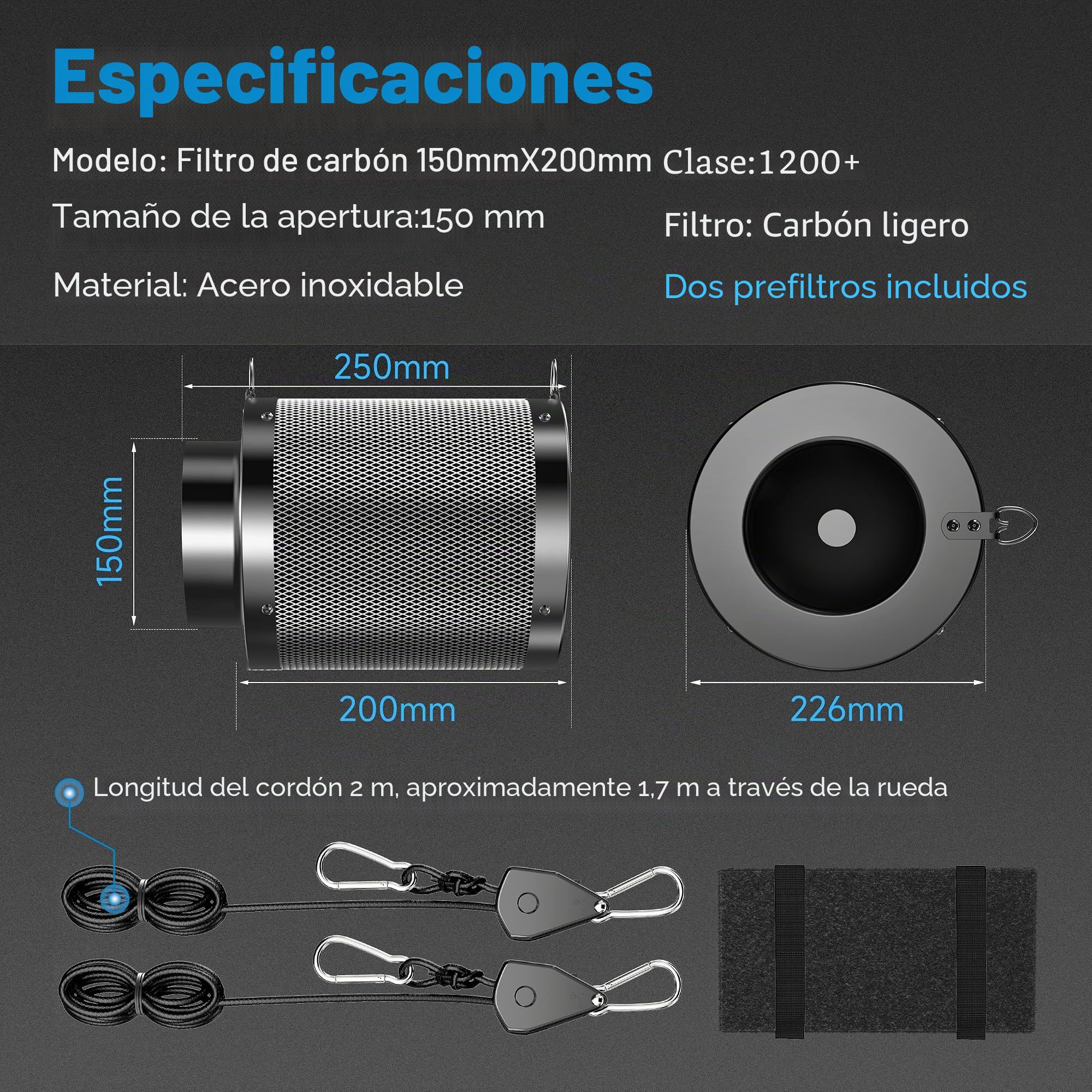 Hon&Guan Filtro de carbón activo Grow 150 mm x 200 mm, filtro de carbón con 38 mm de grosor RC48 de carbono ligero para control de olores, eliminación de olores para ventiladores de tubos, tiendas de