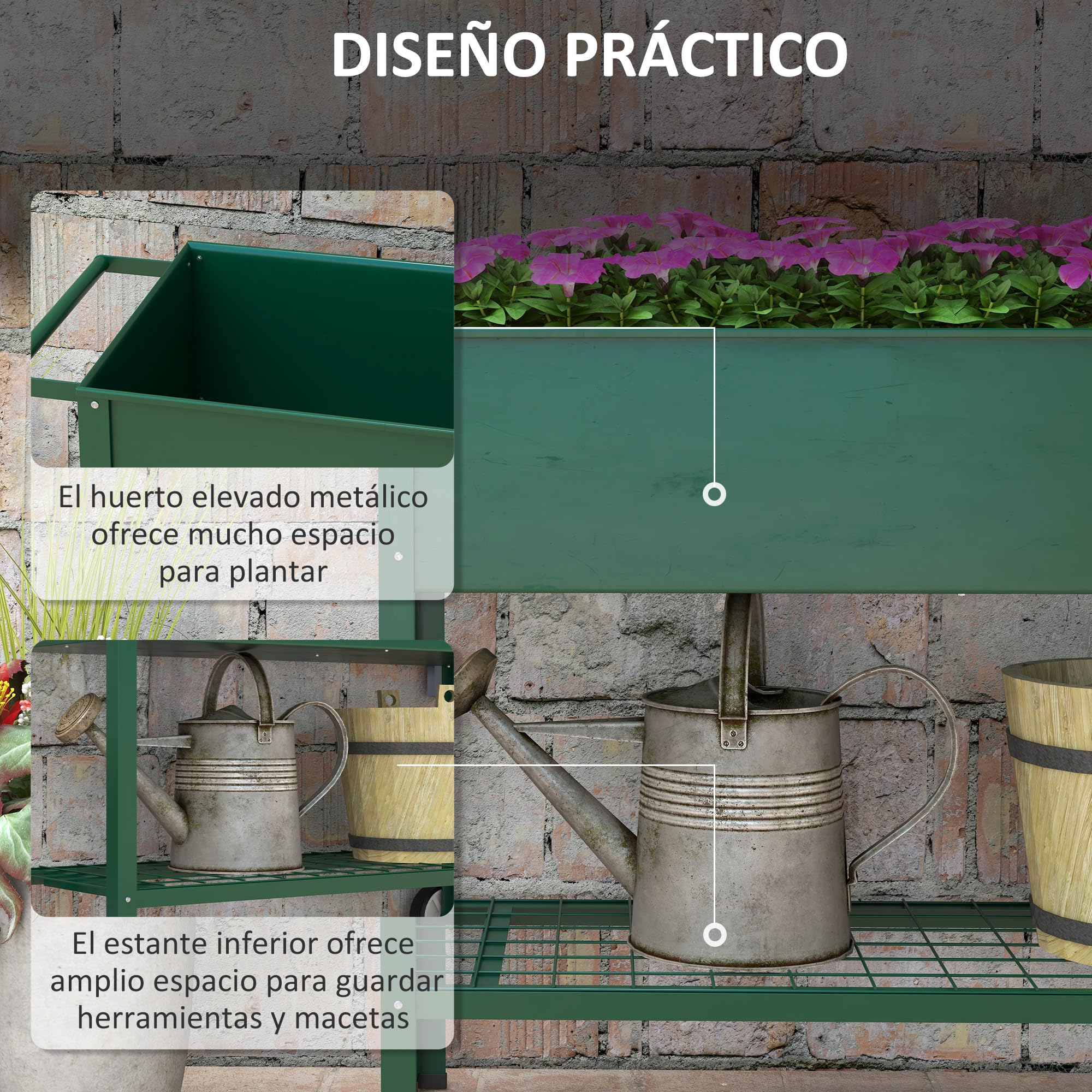 Outsunny Mesa de Cultivo 109x44x80 cm Huerto Urbano Elevado con 2 Ruedas Estante y Asa para Cultivo Plantas Flores Verduras Verde