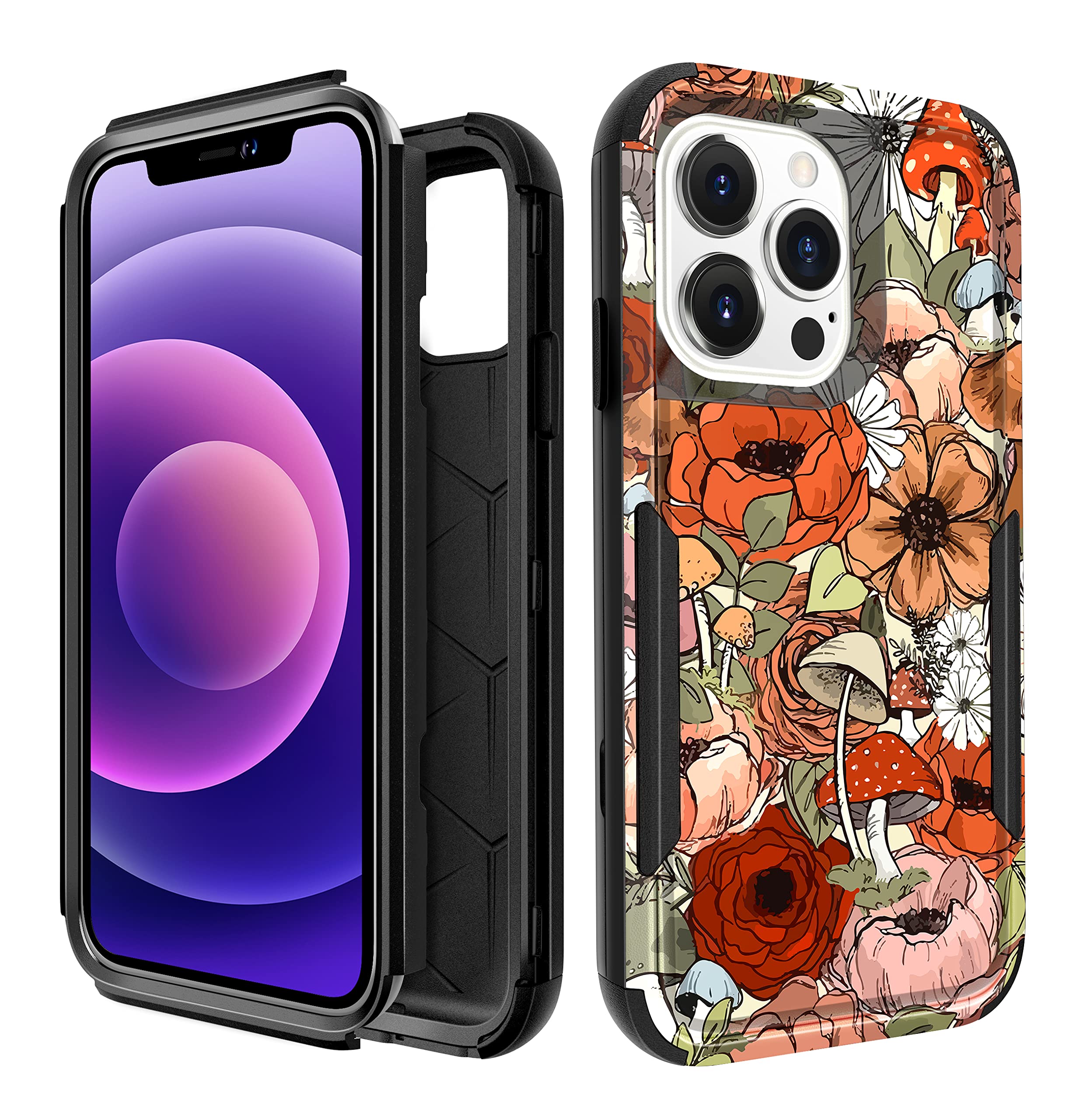 Plakillfor iPhone 13 Pro Max Protective Case 3 in 1 Designer Retro Vintage Flowers Drop Tested Cool Cases for Men Women Girls Shockproof Protection Rugged Heavy Duty Phone Cover for iPhone 13 Promax