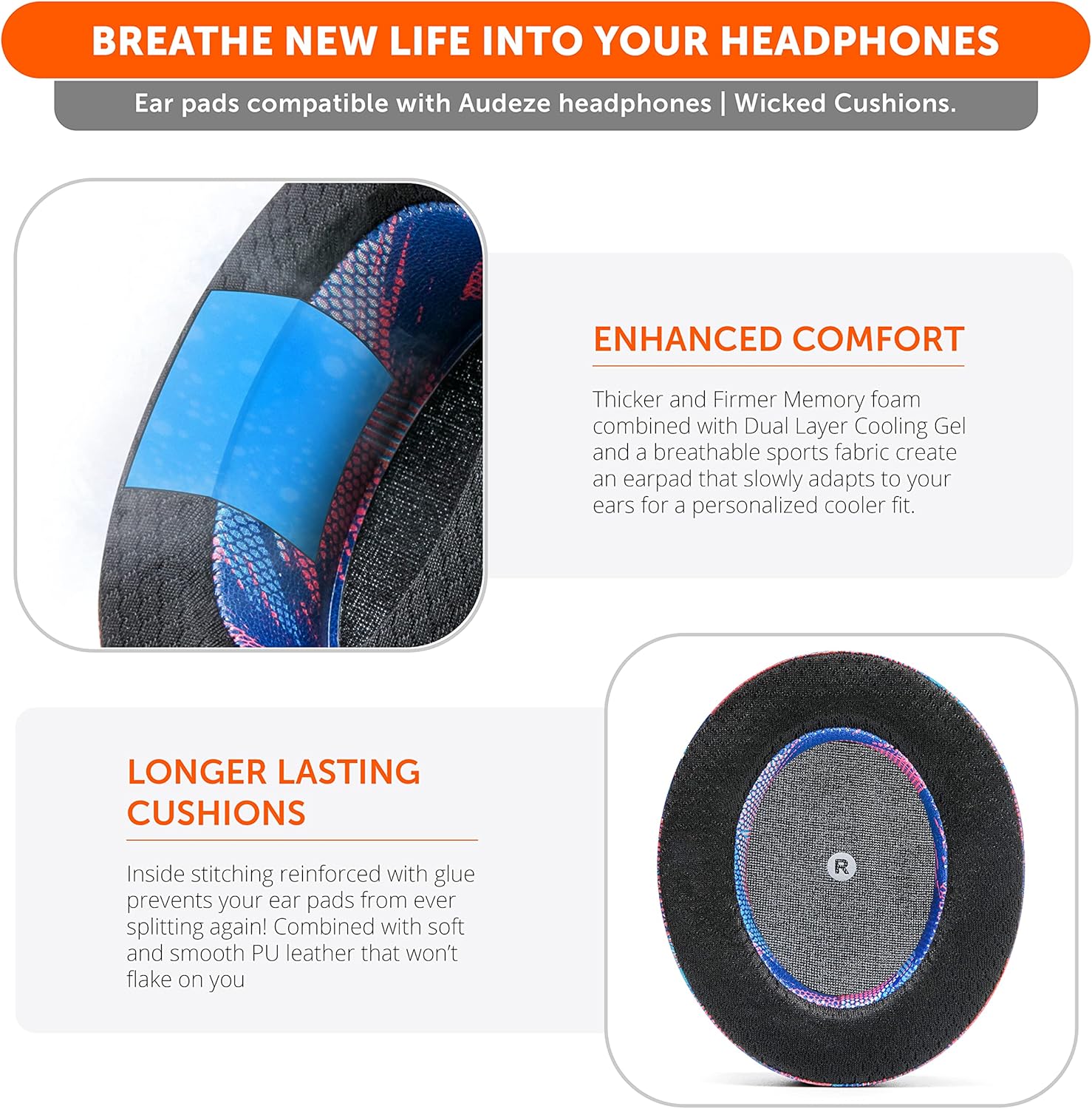 WC Freeze Penrose - Hybrid Fabric Cooling Gel Replacement Earpads for Audeze Penrose & Mobius, Made by Wicked Cushions, Improved Durability, Thickness and Sound Isolation | Speed Racer