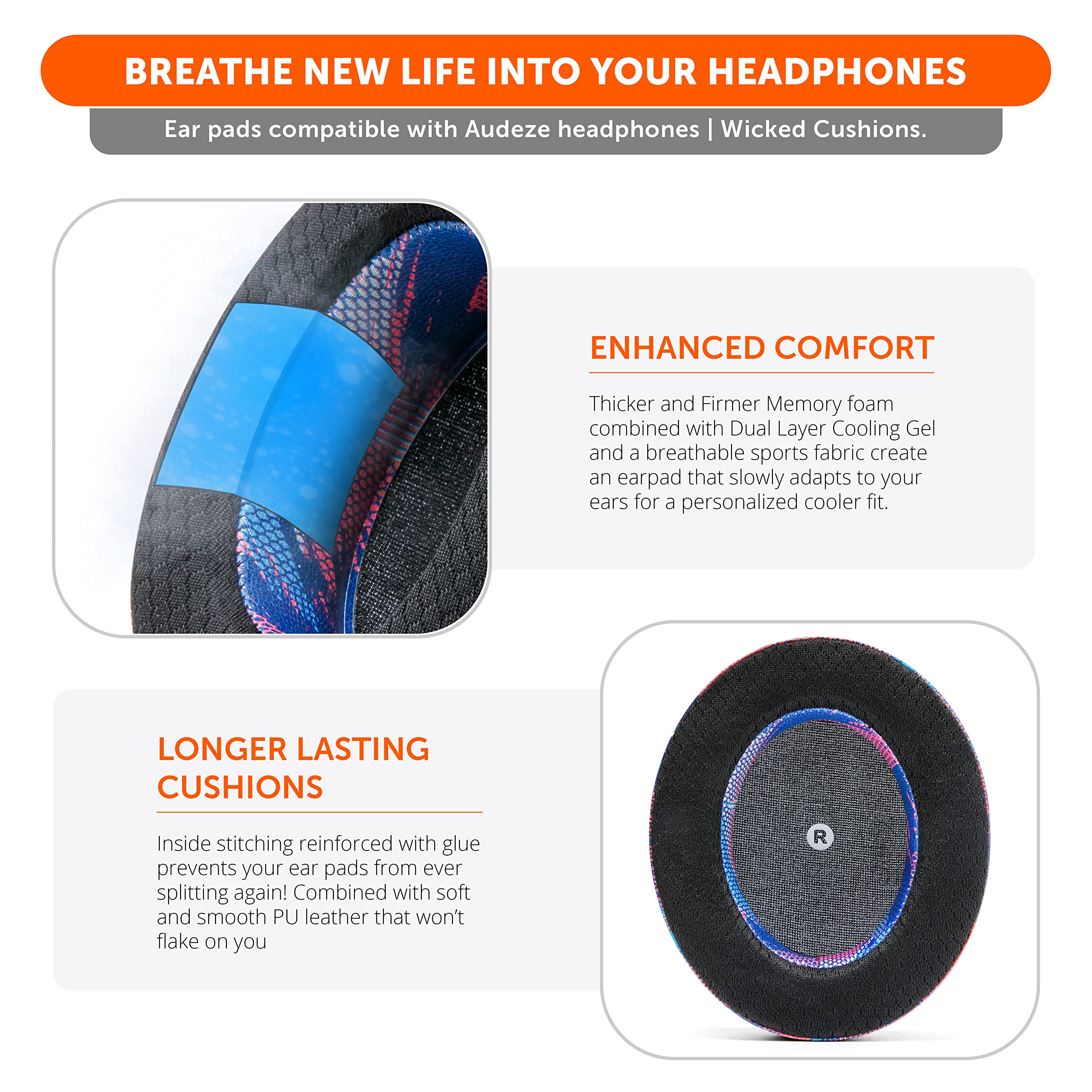 WC FreeZe Penrose, Hybrid Fabric Cooling Gel Replacement Earpads For Audeze Penrose & Mobius, Made by Wicked Cushions - Image 4