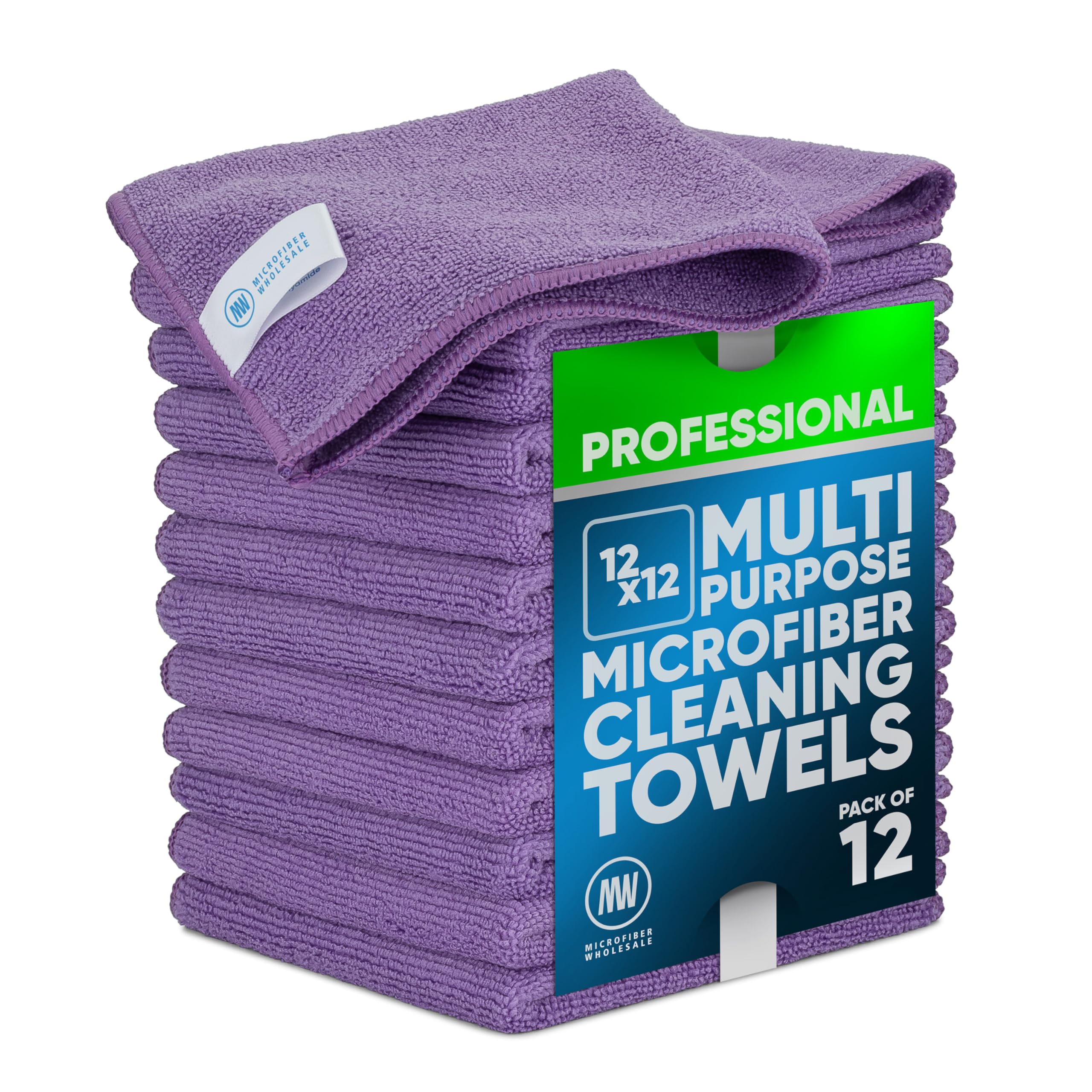 Microfiber Wholesale 12" x 12" Buff Pro Multi-Surface Cleaning Cloths | Purple - 12 Pack | Premium Towels for Cleaning Glass, Kitchens, Bathrooms, Automotive, Supplies & Products
