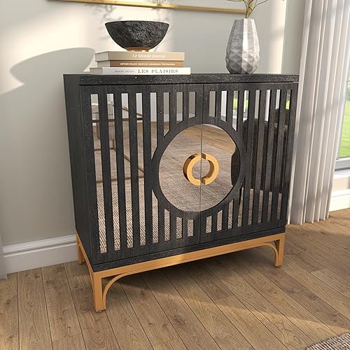 Miniatura 7 de Deco 79 Armario geométrico de madera para habitación con 1 estante y 2 puertas, gabinete de almacenamiento, 32 x 16 x 32 pulgadas, negro