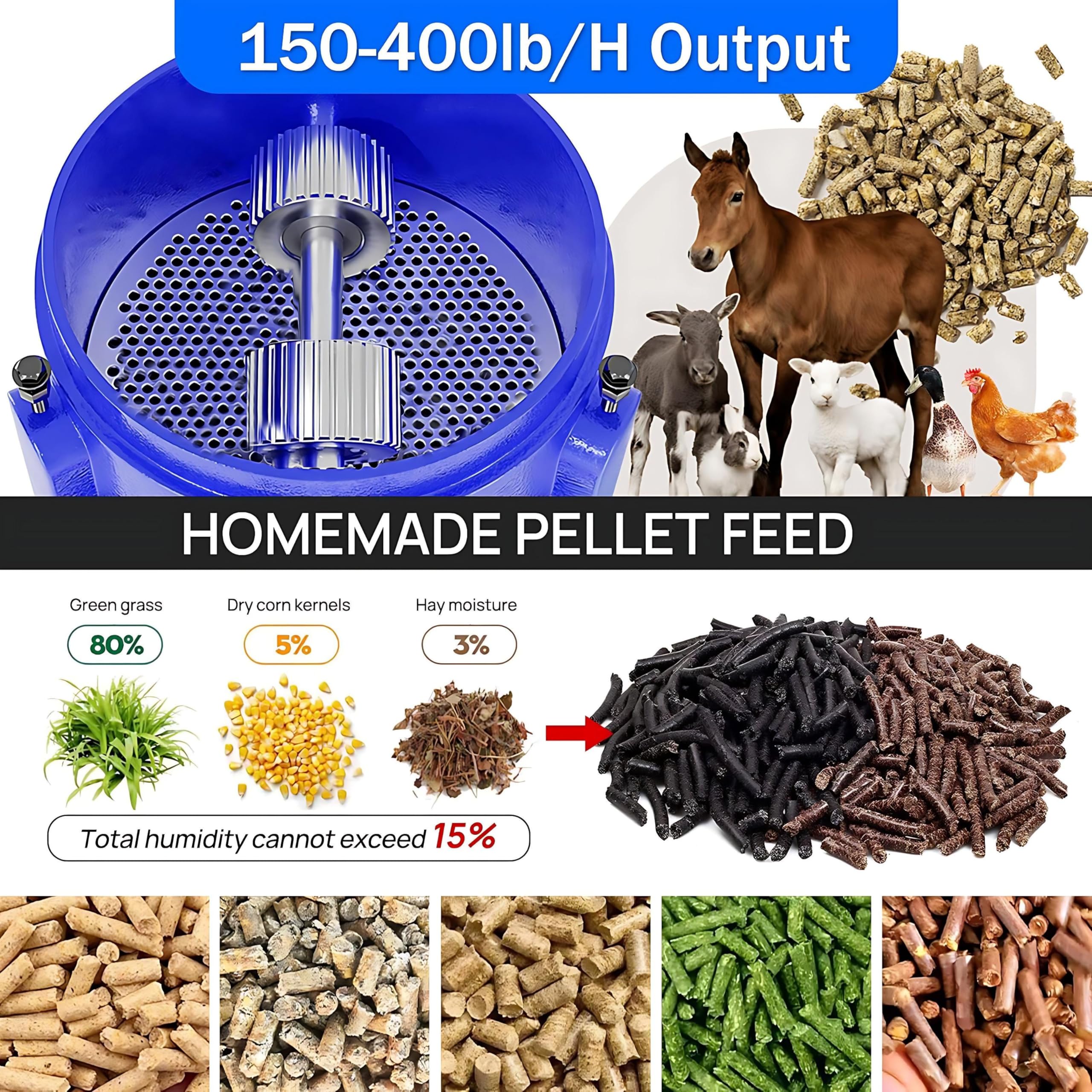 Máquina de pellets de alimentación para pollo, placa de agujeros de 8 mm, salida máxima de 100 kg/h, granulador de 4,0 kW con rodillo de presión de dos cabezales para producción de alimentos animales