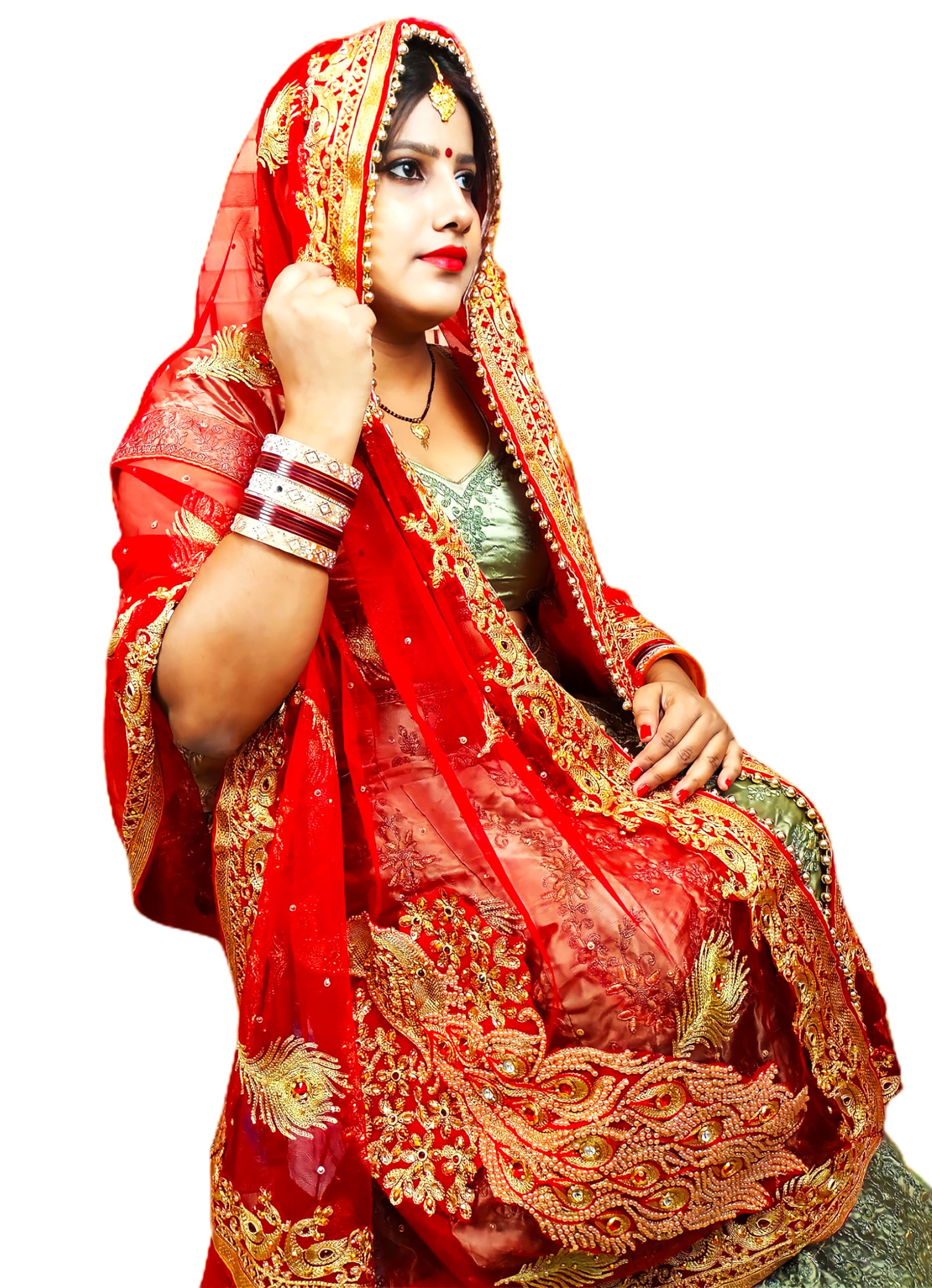 radha rang wedding & bridal dupatta Red Women Heavy Bridal Dupatta for Wedding - Chunari with Velvet Lace For Bride Addition to Your Net Red, Pink Lehenga Saree Only (Bridal Peacock Design)-picture-22